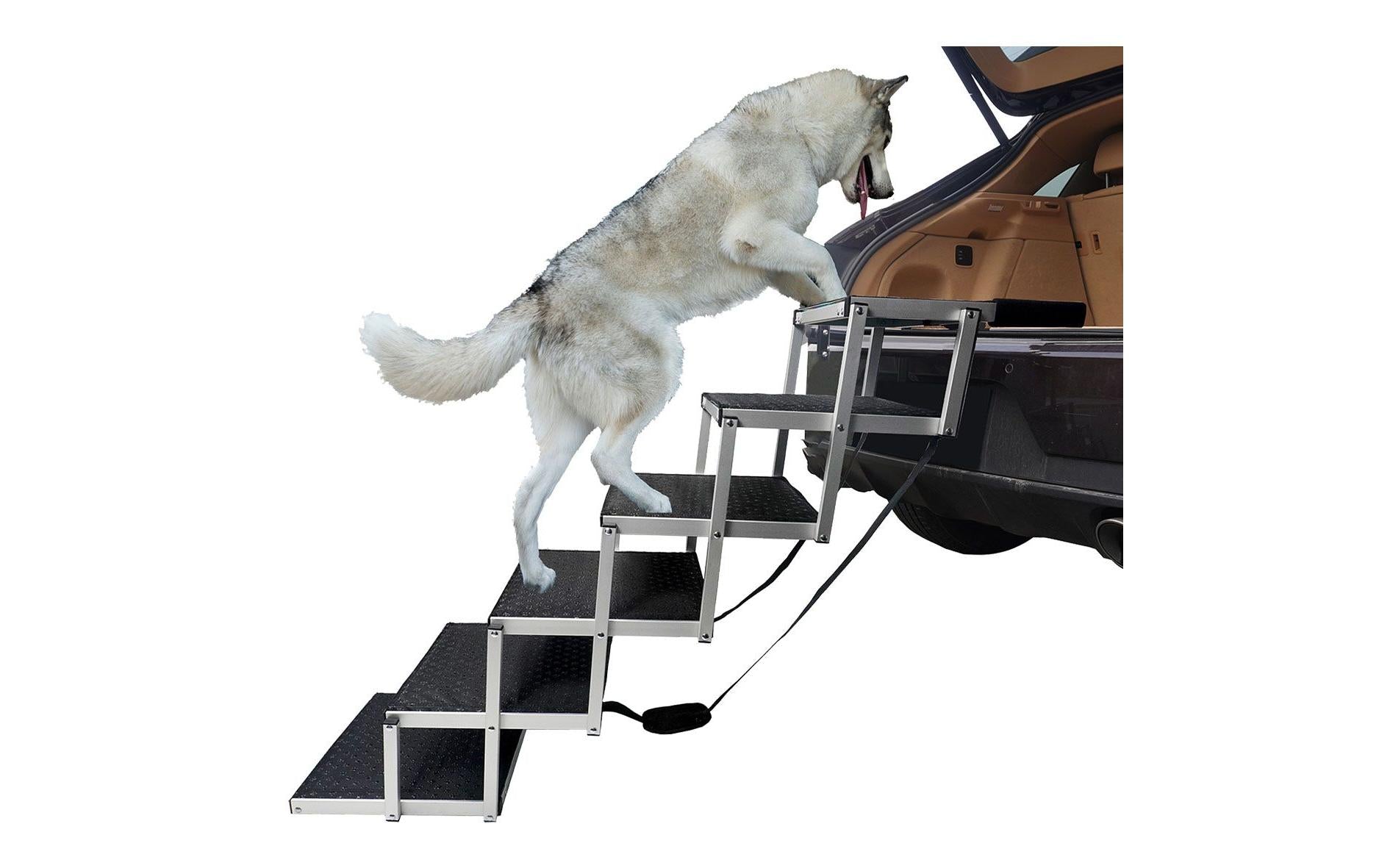 SwissPet Aluminium Hundetreppe – 6 Stufen, faltbar – 43 × 81 × 110 cm, bis 68 kg – schwarz/silber