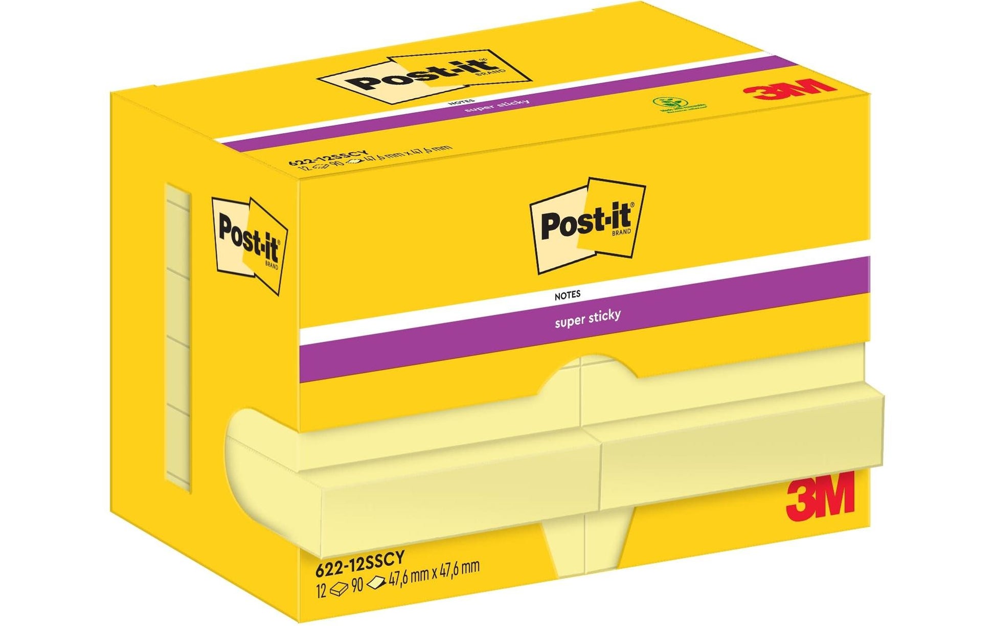 Post-it Haftnotizen Super Sticky – 47,6×47,6 mm – Gelb, 12×90 Blatt, PEFC