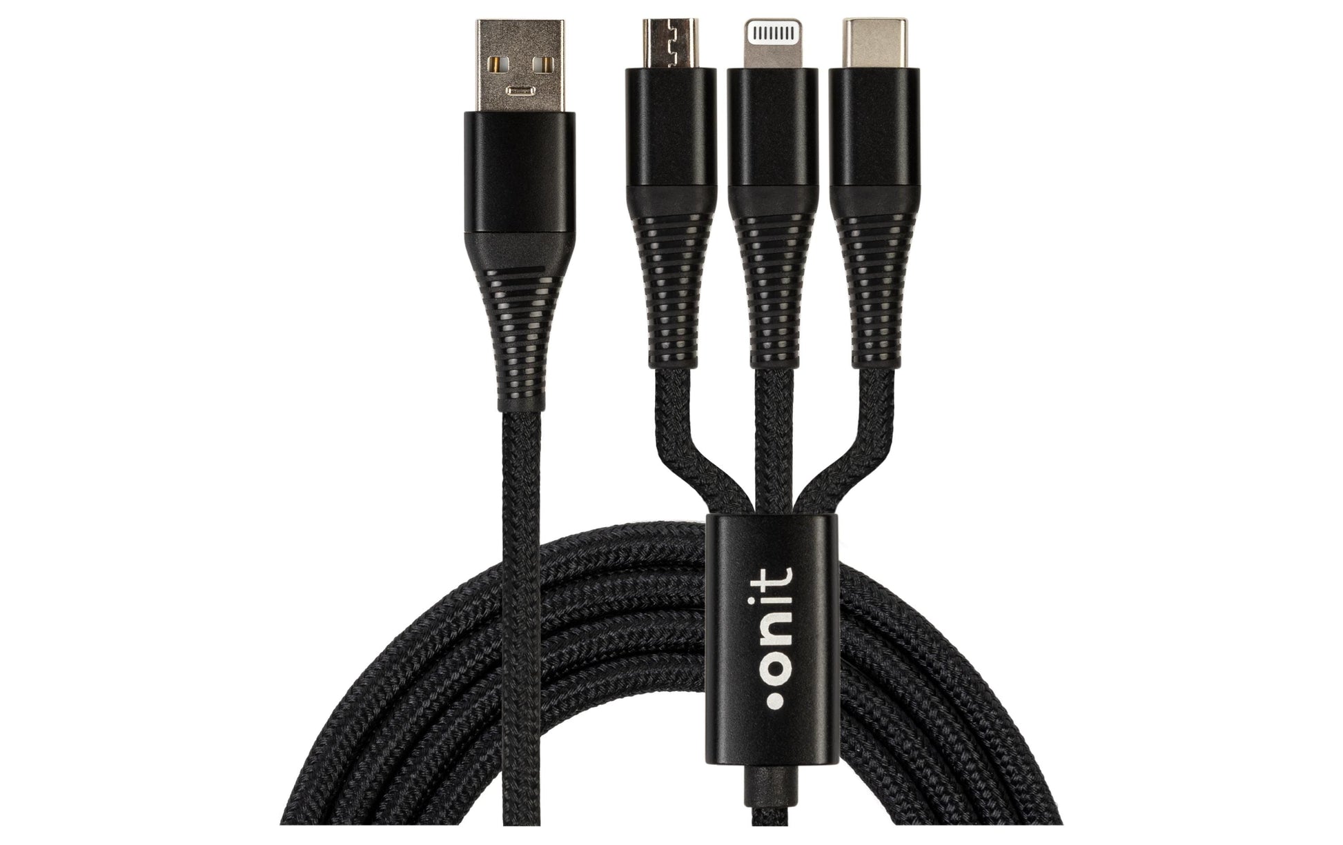 ONIT Multi-Kabel – 3-in-1 USB-A auf USB-C/Micro-USB/Lightning 0,2 m, PD 12 W, geflochten – für iPhone/Android