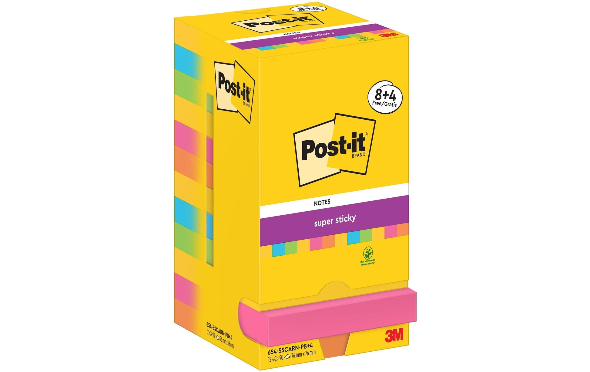 Post-it Super Sticky Haftnotizen – 76 × 76 mm – Mehrfarbig, 90 Blatt/Block, 12er-Pack