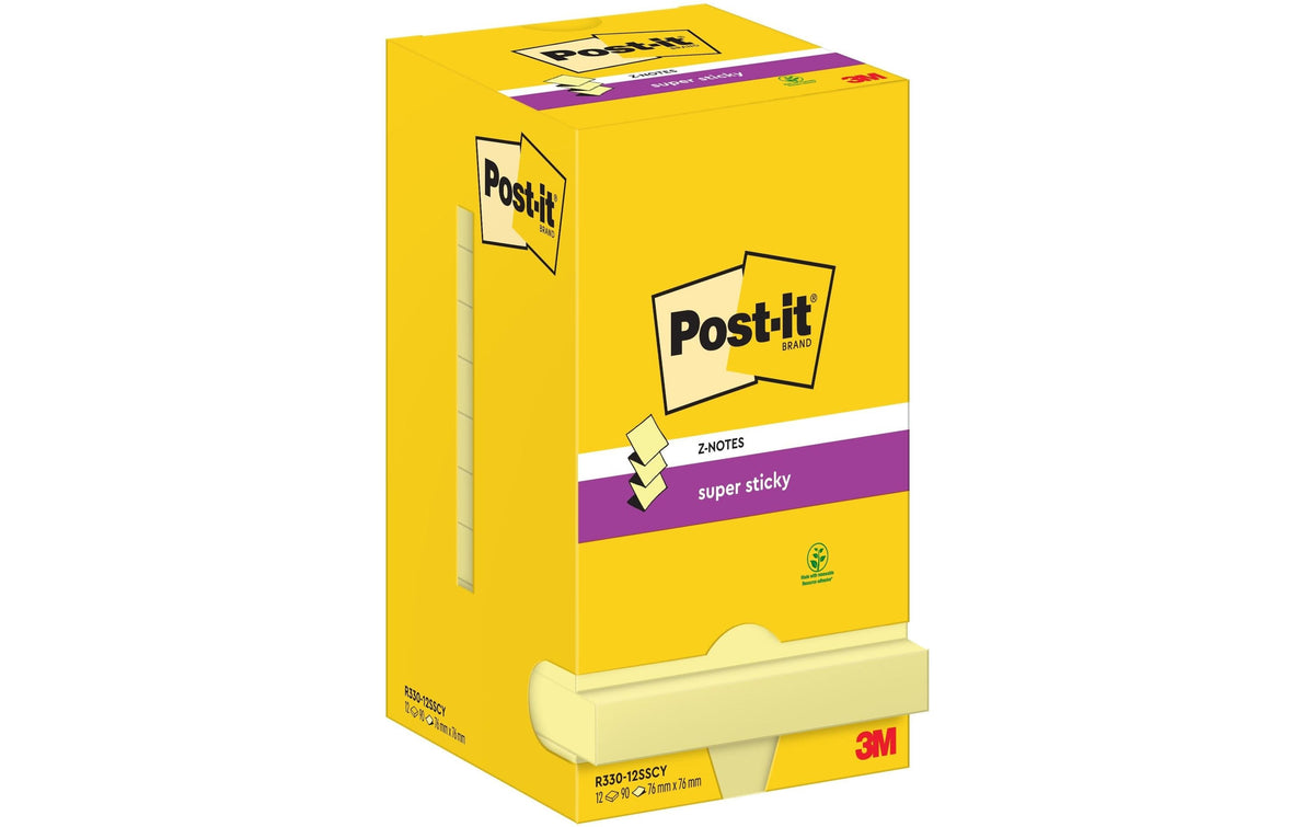 3M Post-it Super Sticky Z-Notes Haftnotizen – 76 × 76 mm – gelb, Z-Faltung, 90 Blatt/Block, 12er-Pack, PEFC