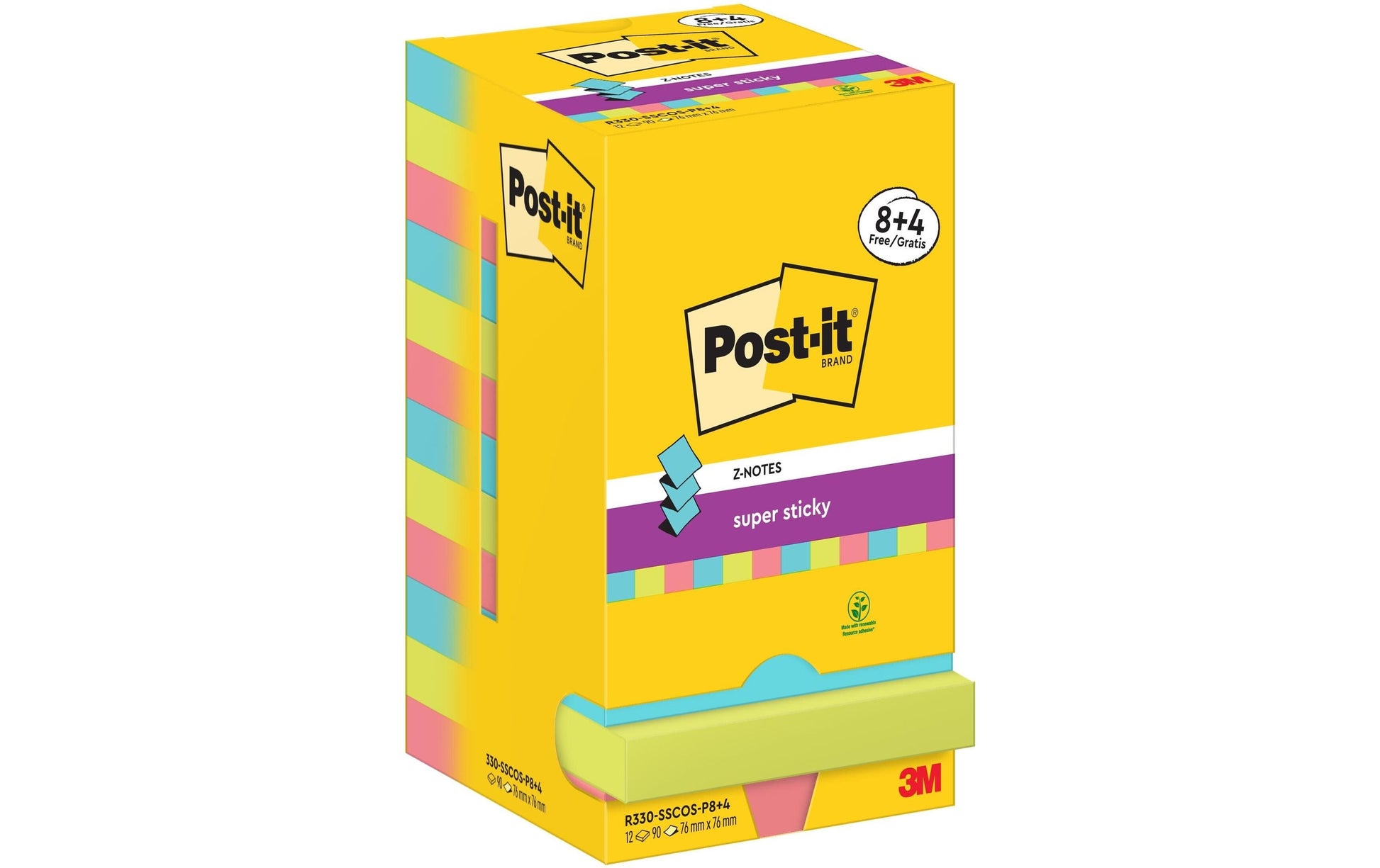 Post-it Super Sticky Z-Notes Haftnotizen – 76 × 76 mm – sortiert, Z-Faltung, 90 Blatt/Block, 12er-Pack, PEFC