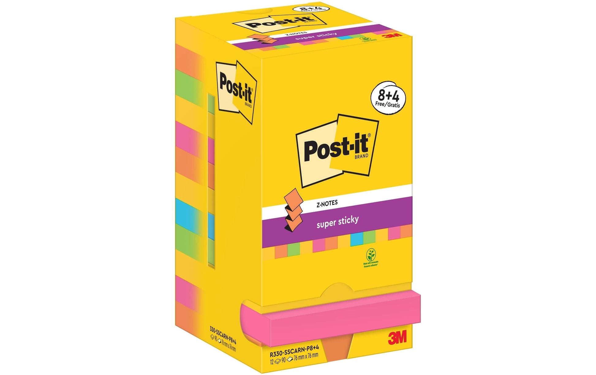 Post-it Haftnotizen Super Sticky – 76×76 mm – sortiert, 12×90 Blatt, PEFC