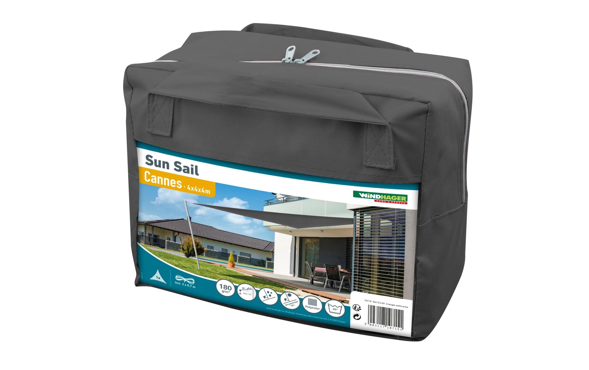 Windhager Sonnensegel Cannes – Dreieckig, 400 cm, Anthrazit, Polyester, 180 g/m²