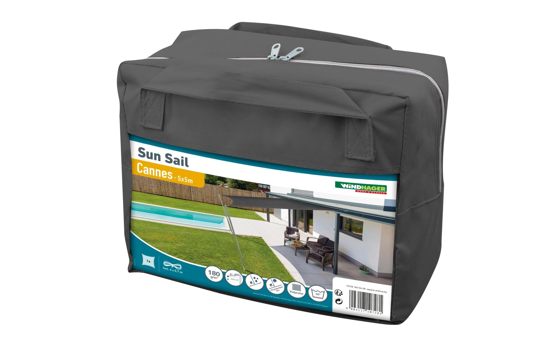 Windhager Dreieck-Sonnensegel – 500 × 500 cm, Anthrazit, Polyester, 180 g/m²