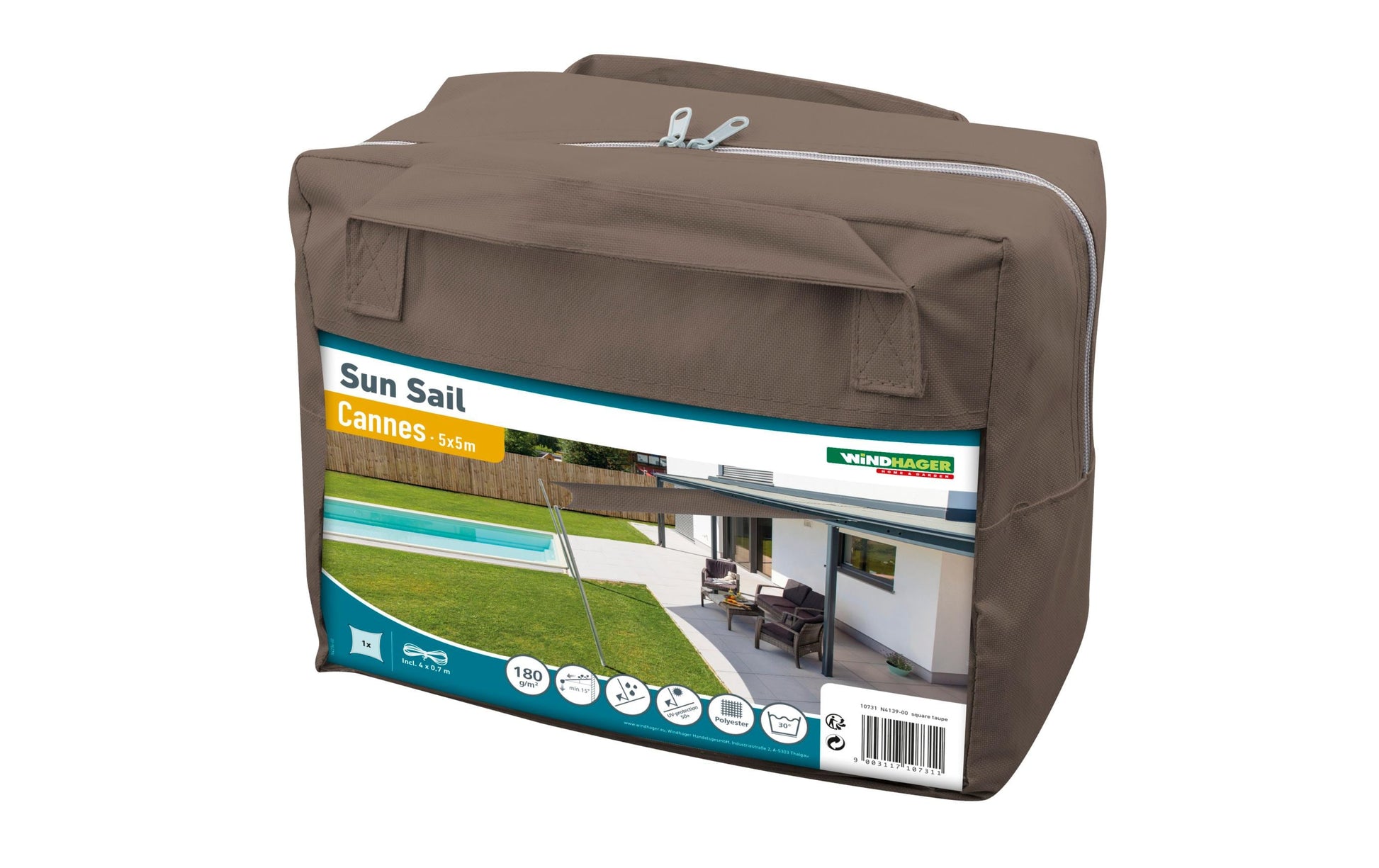 Windhager Dreieck-Sonnensegel 500 × 500 cm, taupe, Polyester, UV-Schutz 50+, wasserabweisend, für Aussenbereich