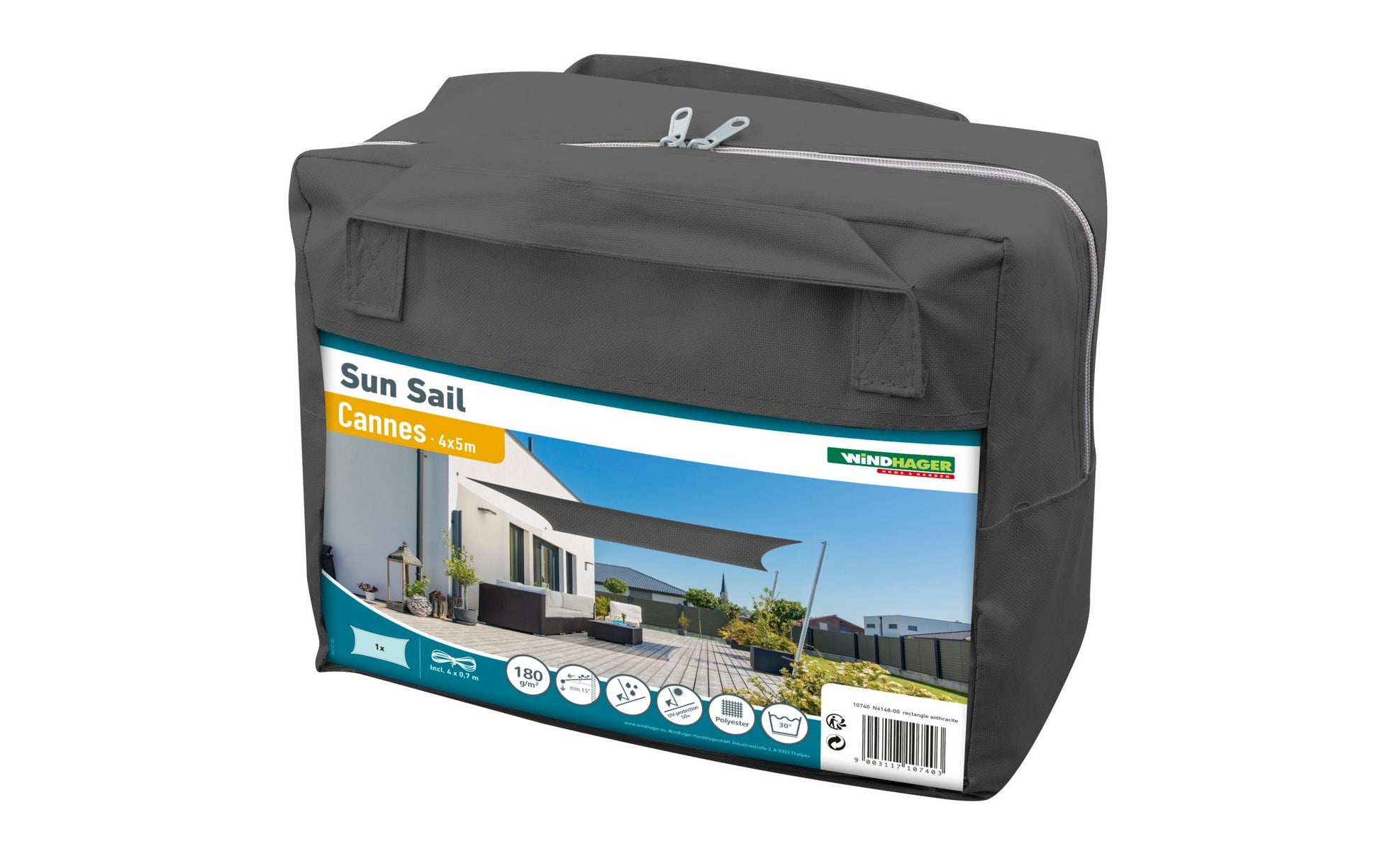 Windhager Rechteckiges Sonnensegel – 500 × 400 cm, Anthrazit, Polyester, 180 g/m²