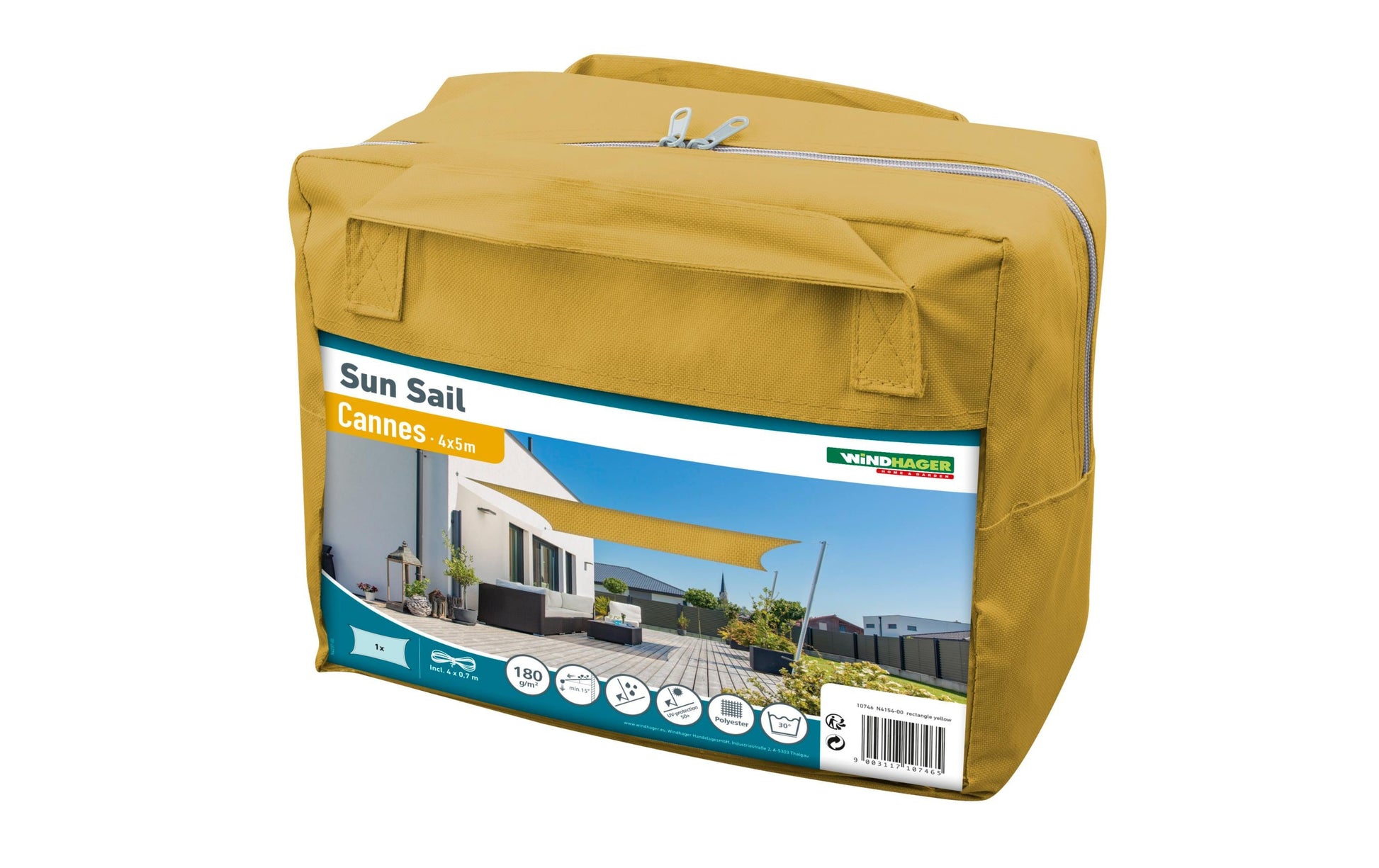 Windhager Rechteckiges Sonnensegel 500 × 400 cm – Gelb, Polyester, Witterungsbeständig, UV-Schutz 50+