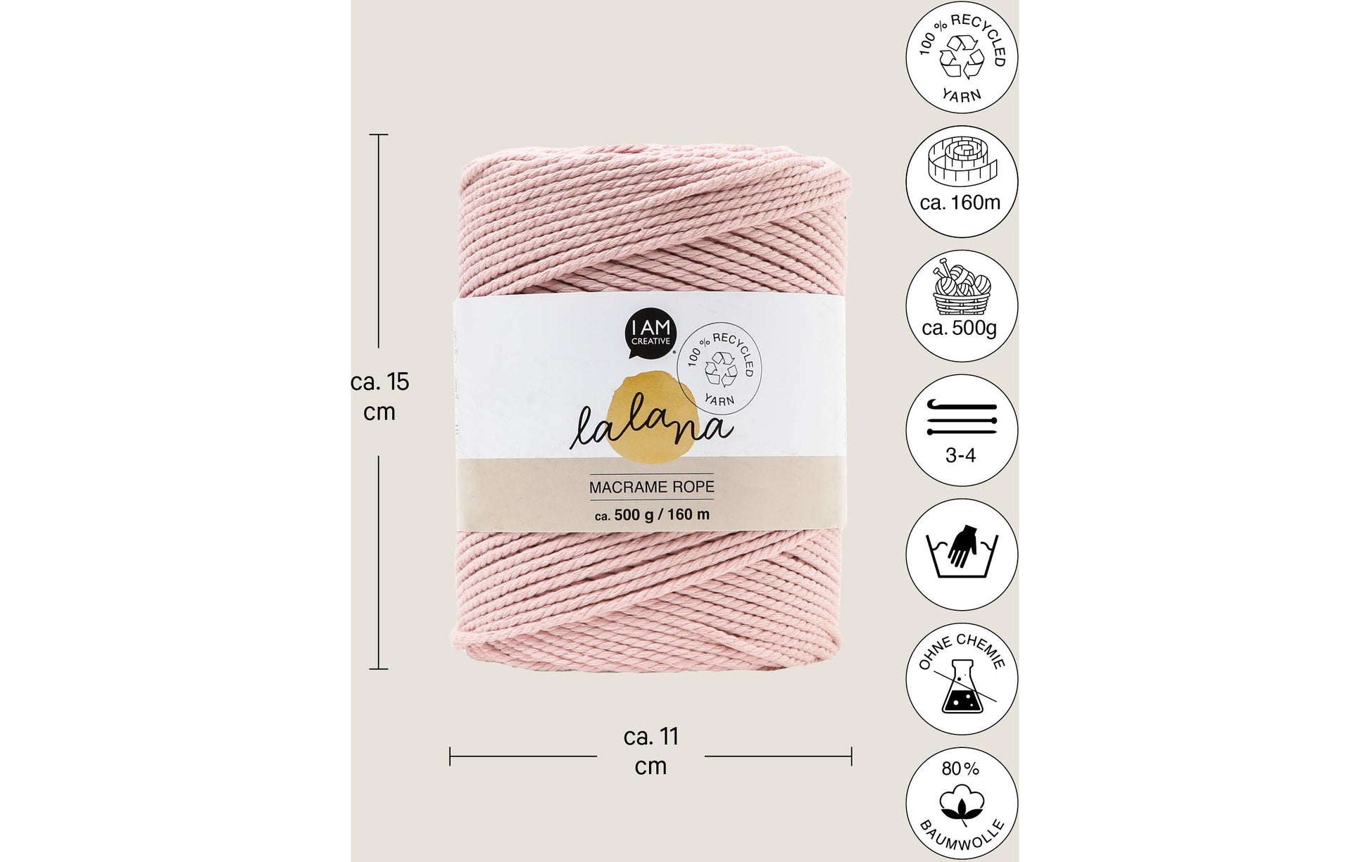 lalana Makramee-Kordel Hellrosa – Ø 2 mm, 500 g, 160 m, 80% Baumwolle/20% andere Fasern