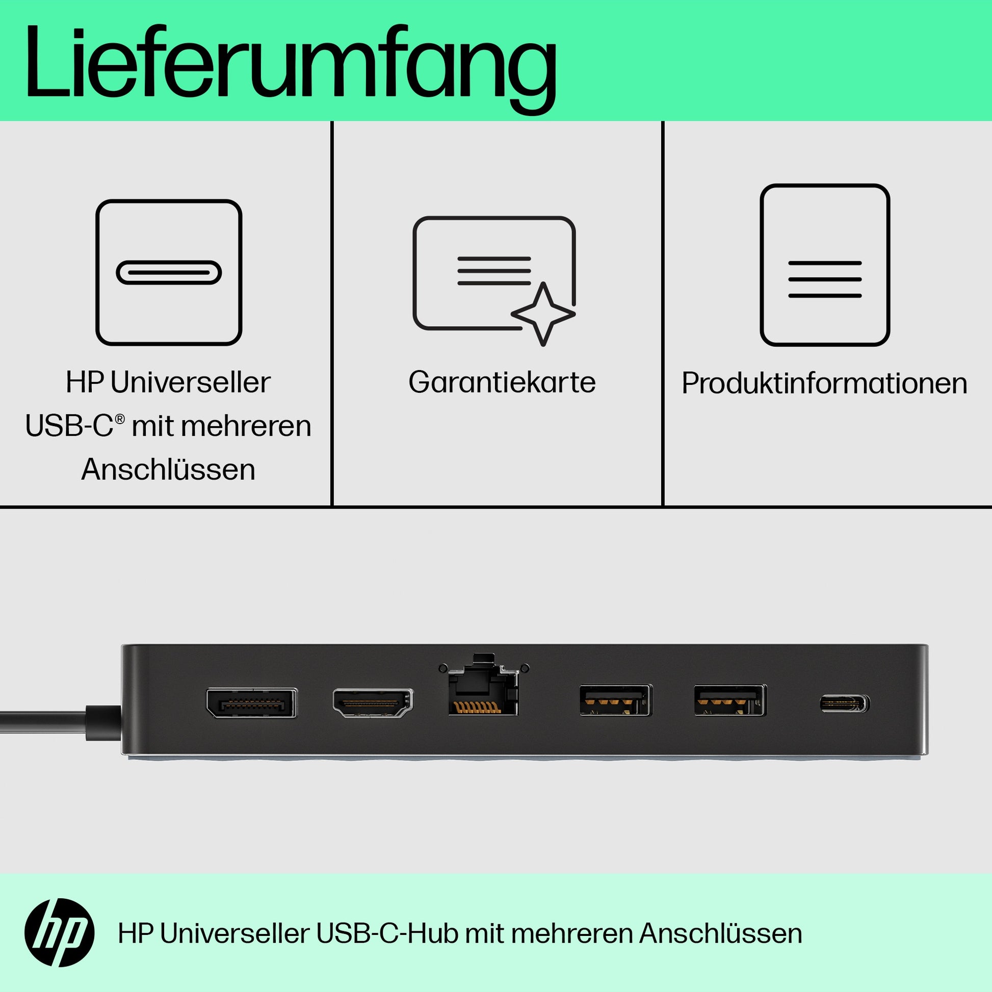 HP Multiport-Adapter – USB-C, 1× DP, 1× HDMI, 2× USB-A, 65 W PD, GbE, für Windows/Mac/ChromeOS