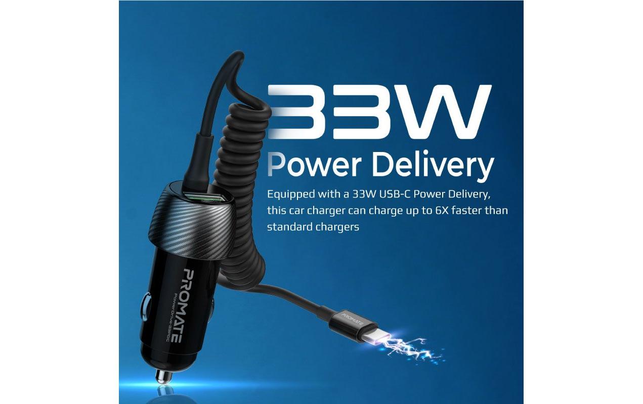 Promate Kfz-Ladegerät, 33 W, USB-C/USB-A, PD – universal – Schwarz