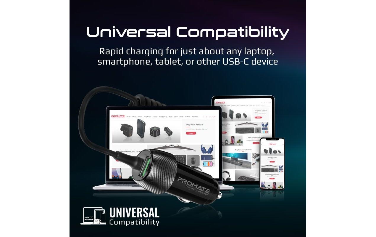 Promate Kfz-Ladegerät, 33 W, USB-C/USB-A, PD – universal – Schwarz