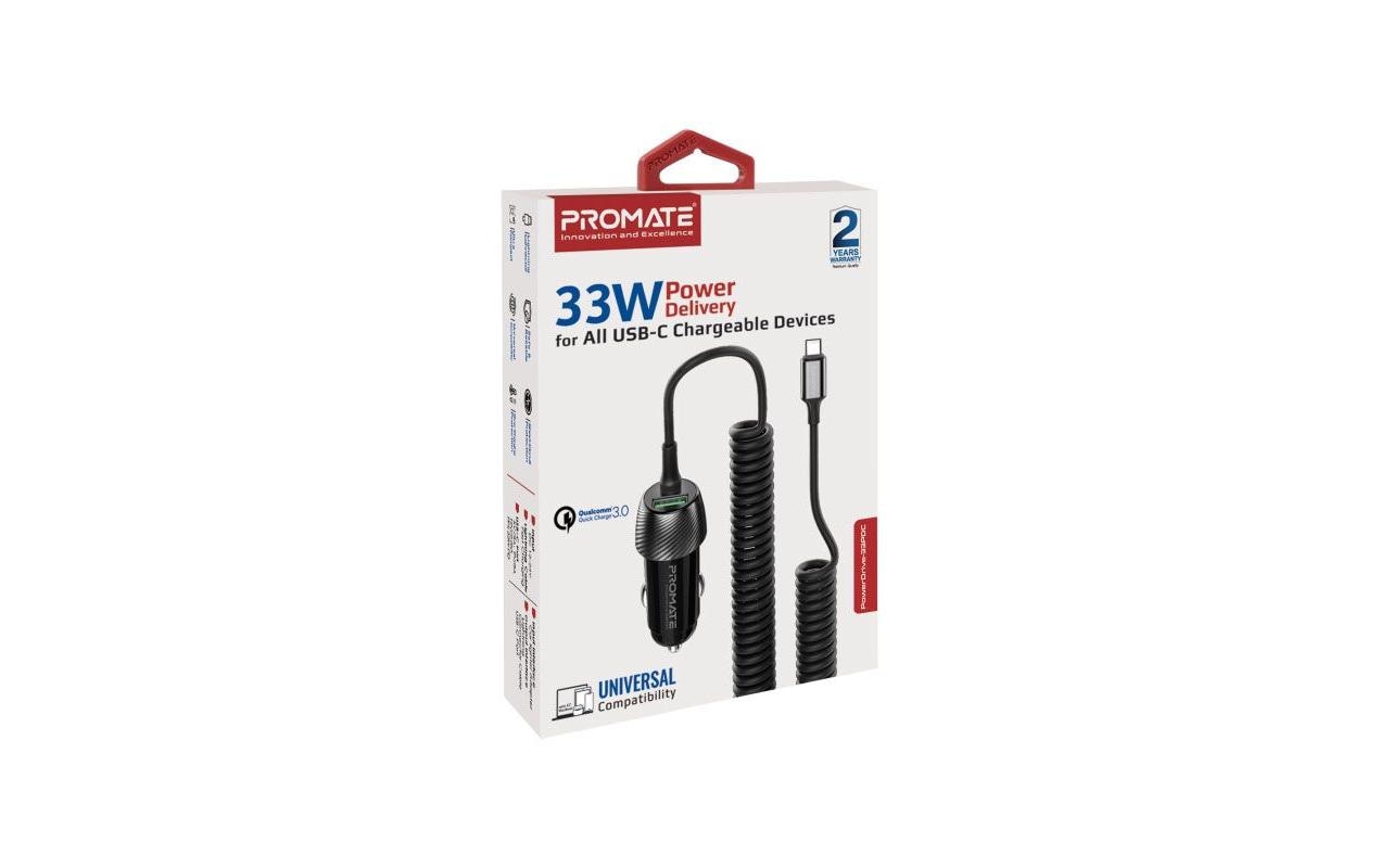 Promate Kfz-Ladegerät, 33 W, USB-C/USB-A, PD – universal – Schwarz