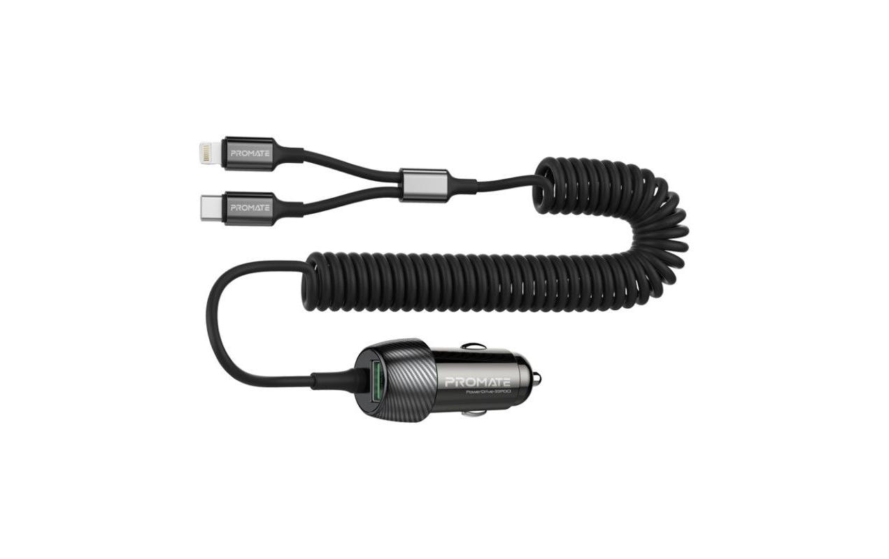 Promate PowerDrive-33PDCI Auto-Ladegerät 33 W – USB-C×1, USB-A×1, Lightning×1 – PD, QC 3.0 – für 12–24 V