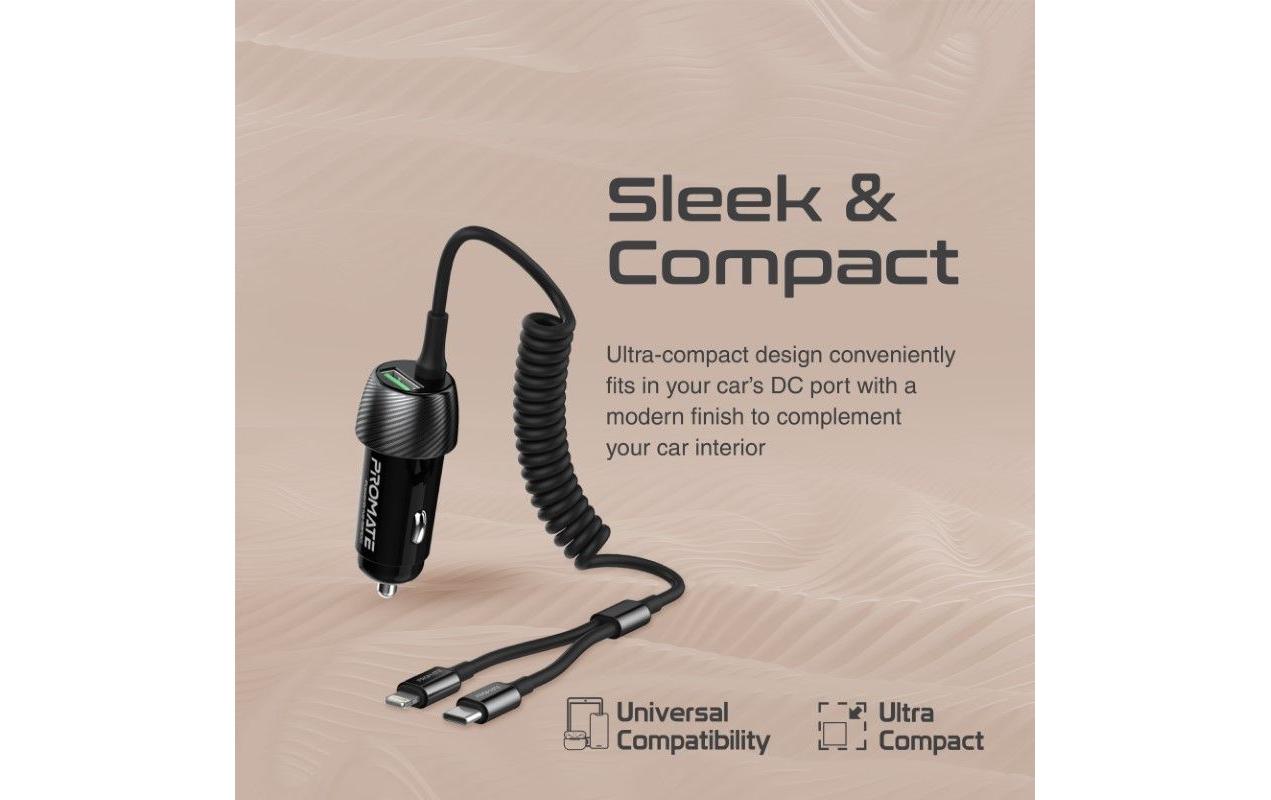 Promate PowerDrive-33PDCI Auto-Ladegerät 33 W – USB-C×1, USB-A×1, Lightning×1 – PD, QC 3.0 – für 12–24 V