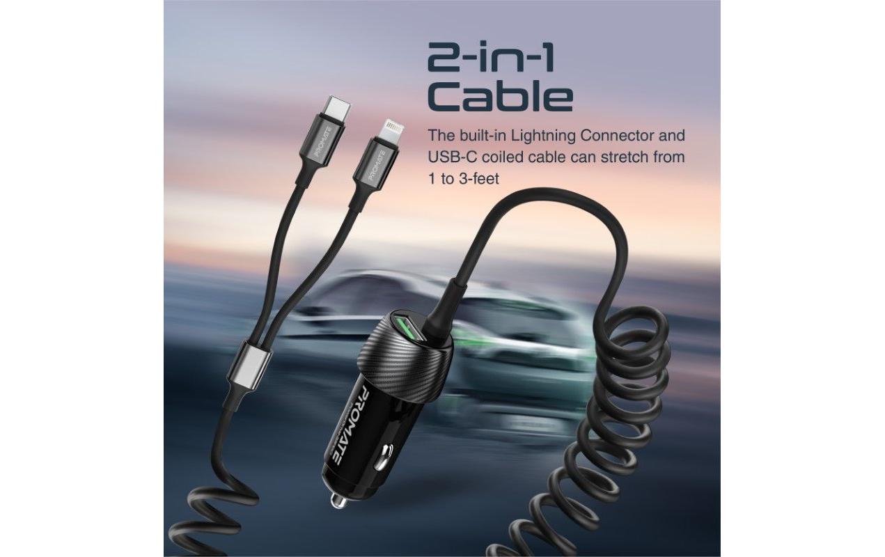 Promate PowerDrive-33PDCI Auto-Ladegerät 33 W – USB-C×1, USB-A×1, Lightning×1 – PD, QC 3.0 – für 12–24 V