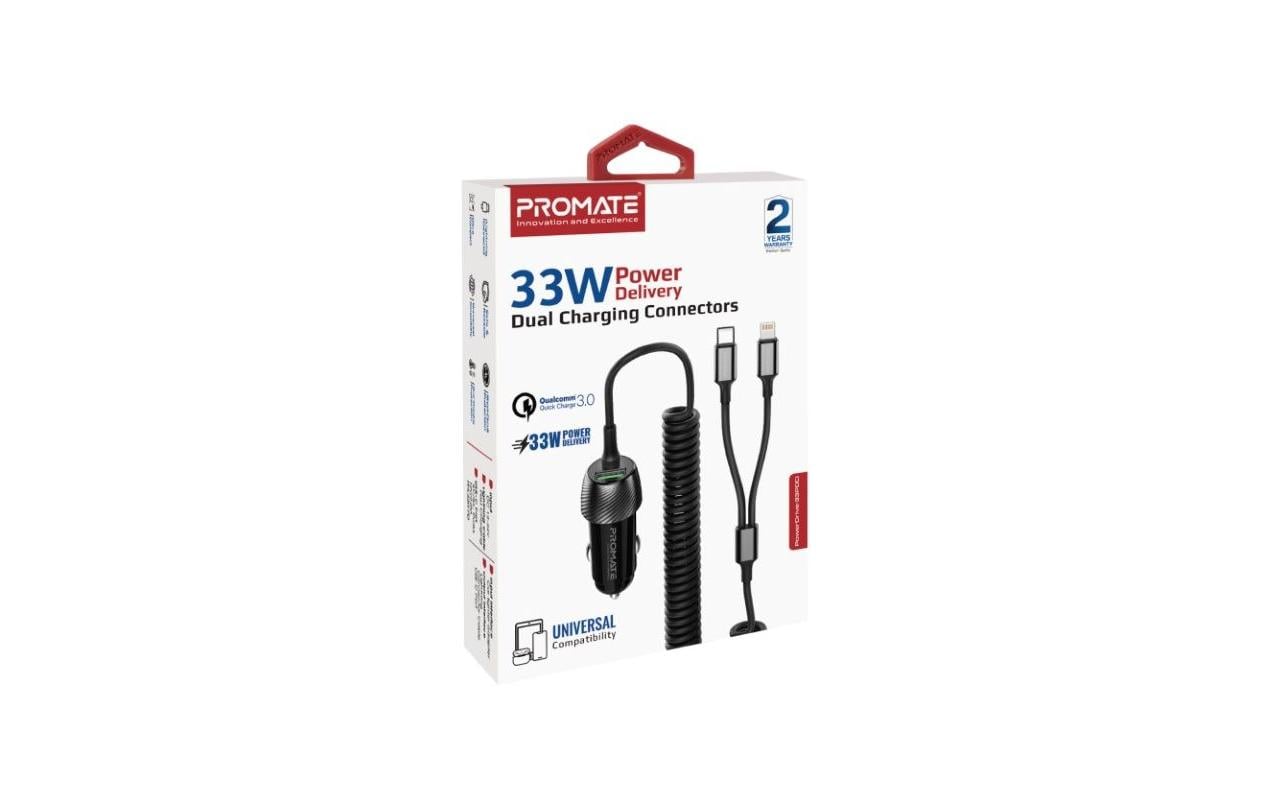 Promate PowerDrive-33PDCI Auto-Ladegerät 33 W – USB-C×1, USB-A×1, Lightning×1 – PD, QC 3.0 – für 12–24 V