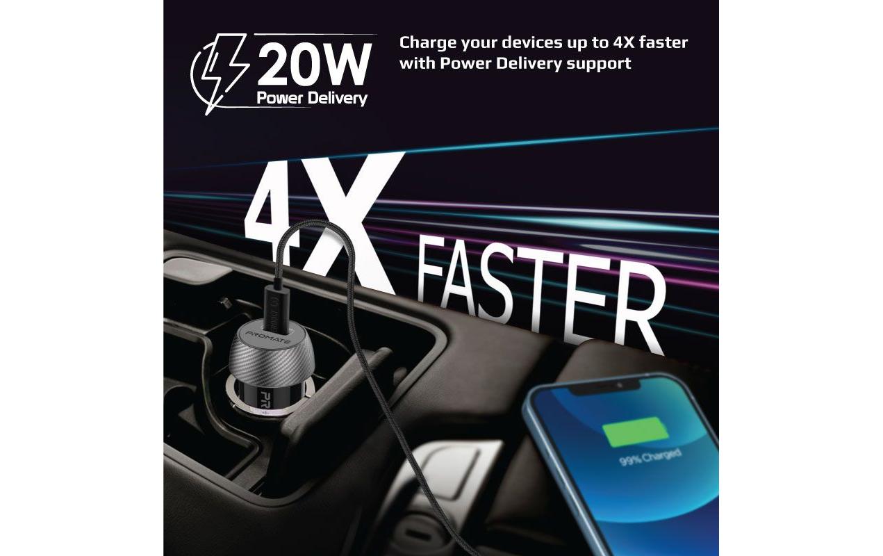 Promate PowerDrive-PD20 Auto-Ladegerät 20 W – USB-C×1 – PD – für 12–24 V (Zigarettenanzünder)