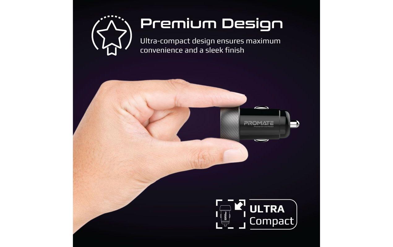 Promate PowerDrive-PD20 Auto-Ladegerät 20 W – USB-C×1 – PD – für 12–24 V (Zigarettenanzünder)