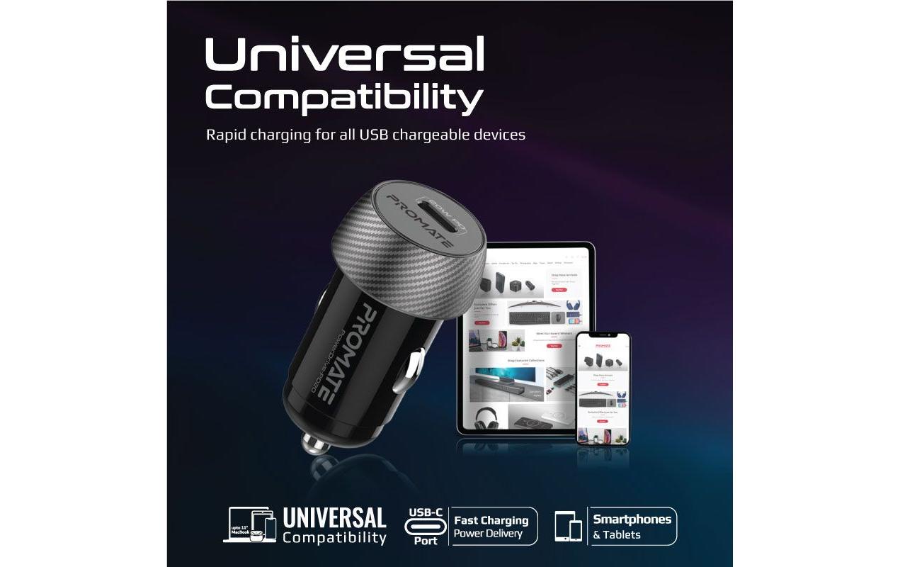 Promate PowerDrive-PD20 Auto-Ladegerät 20 W – USB-C×1 – PD – für 12–24 V (Zigarettenanzünder)