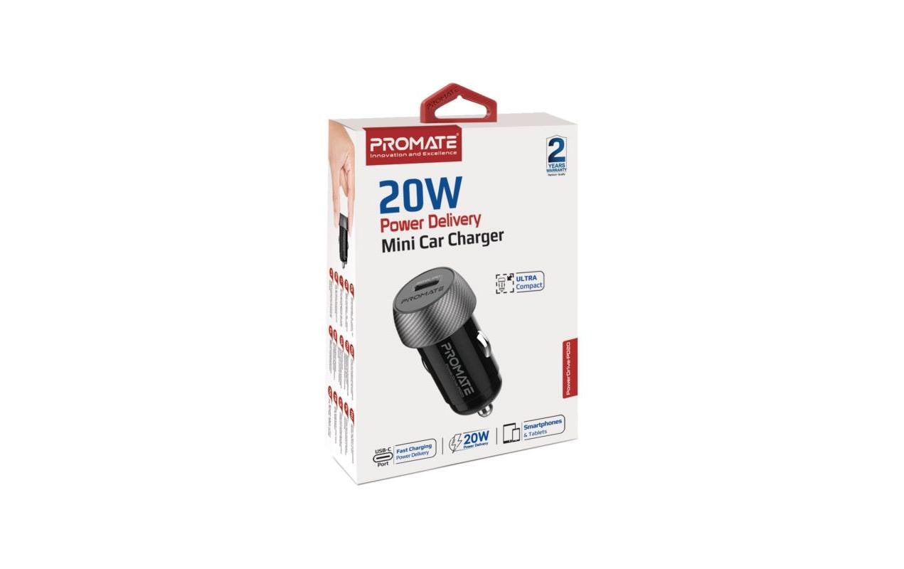 Promate PowerDrive-PD20 Auto-Ladegerät 20 W – USB-C×1 – PD – für 12–24 V (Zigarettenanzünder)