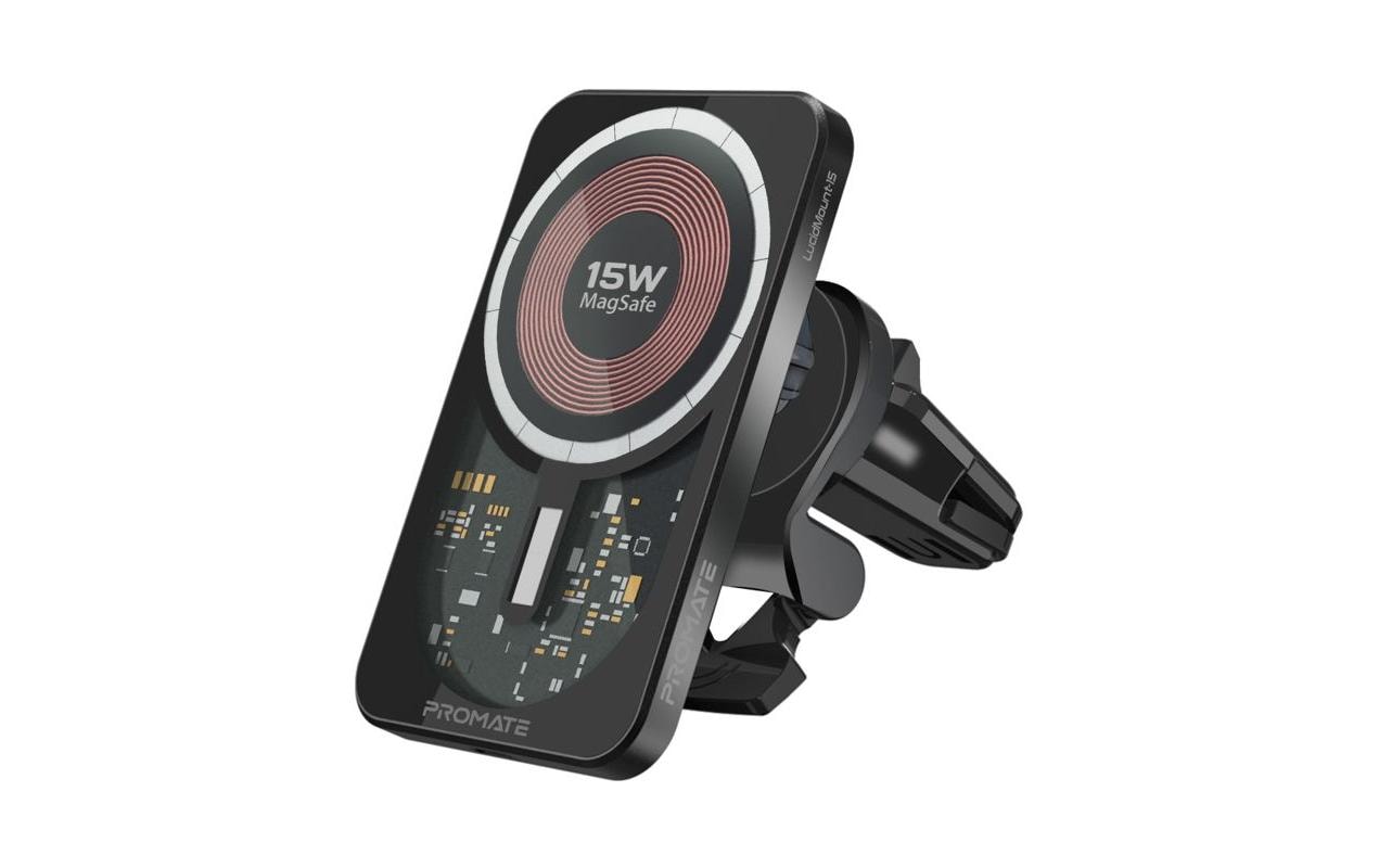 Promate LucidMount-15 – Auto-Ladehalterung – Qi 15 W, MagSafe, 360°-Drehung, Kabellänge 1,2 m, Schwarz