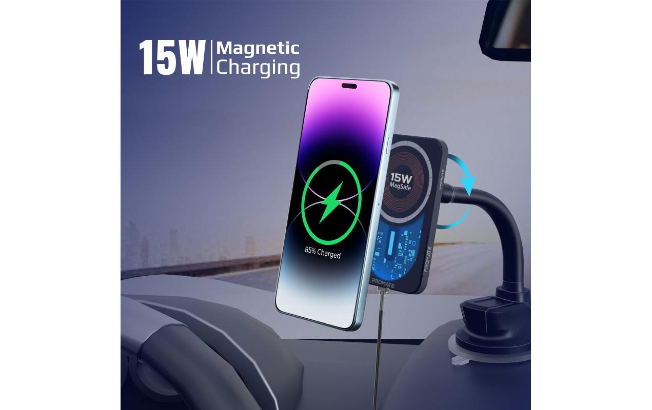 Promate LucidMount-15 – Auto-Ladehalterung – Qi 15 W, MagSafe, 360°-Drehung, Kabellänge 1,2 m, Schwarz