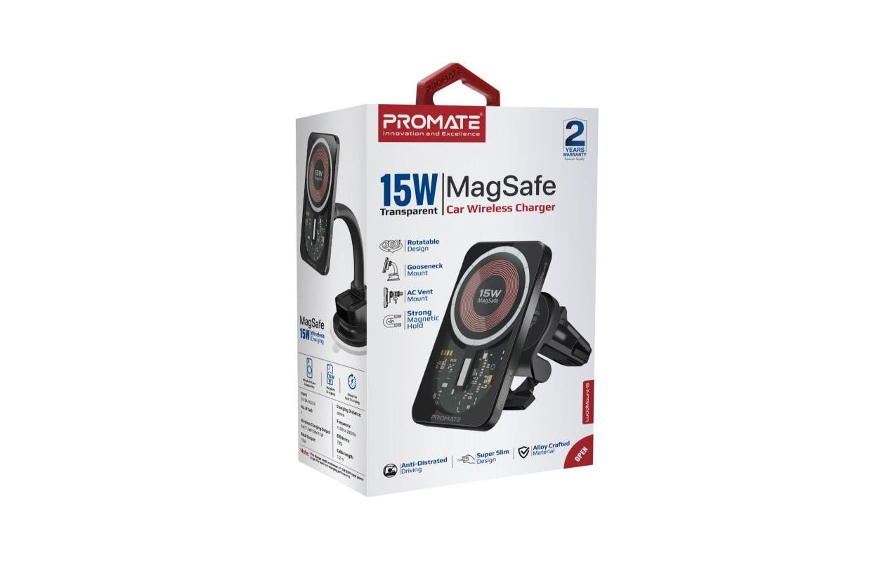 Promate LucidMount-15 – Auto-Ladehalterung – Qi 15 W, MagSafe, 360°-Drehung, Kabellänge 1,2 m, Schwarz