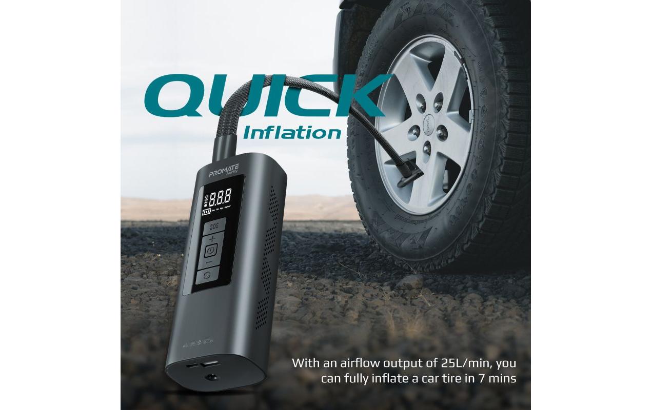 Promate Aerify Akku-Luftkompressor – 12 V – 6 Ah Akku – 10,3 bar – 25 l/min