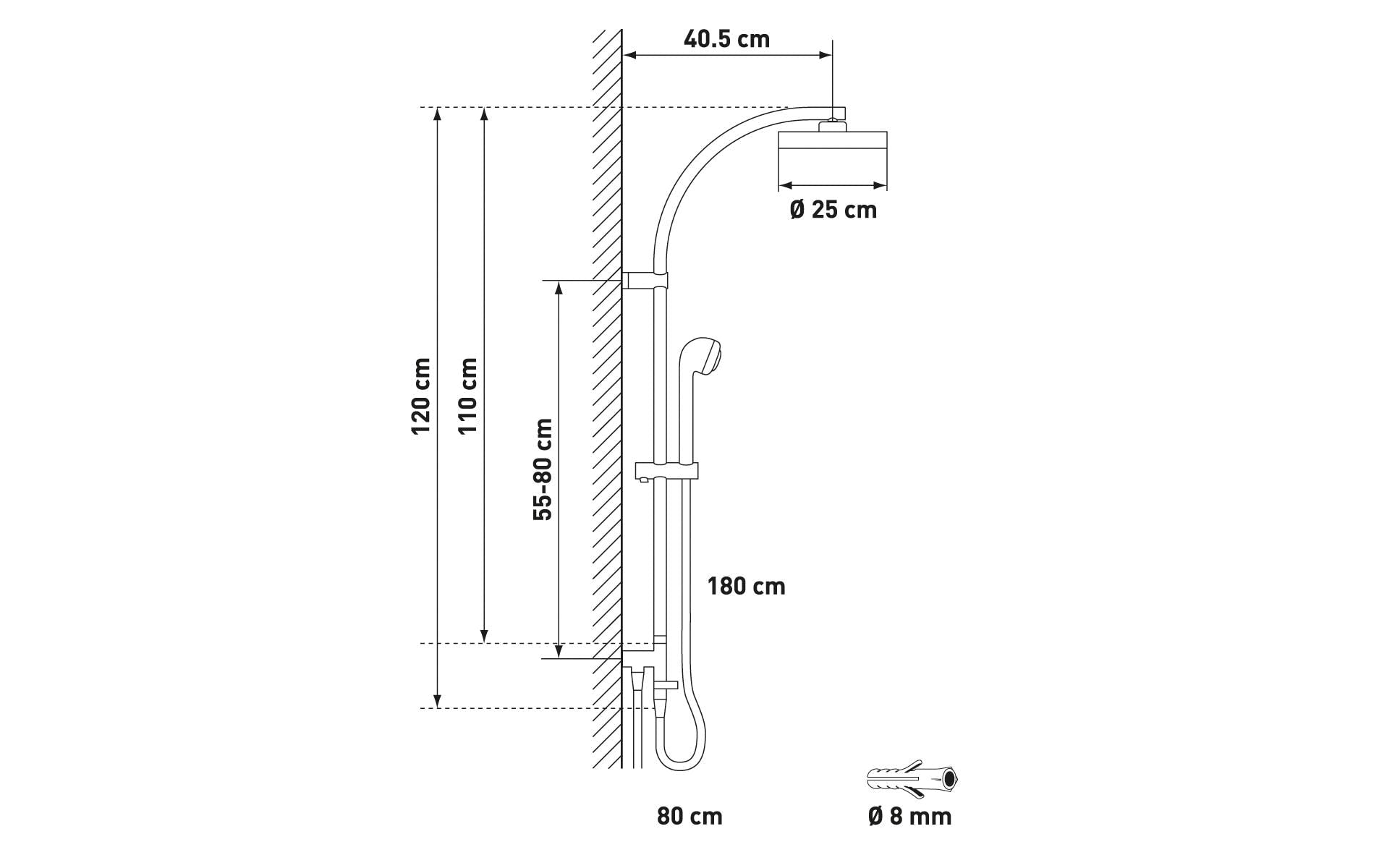 Diaqua Duschsystem Naiad Turn – 110 cm, Metall, Wandmontiert, Chrom
