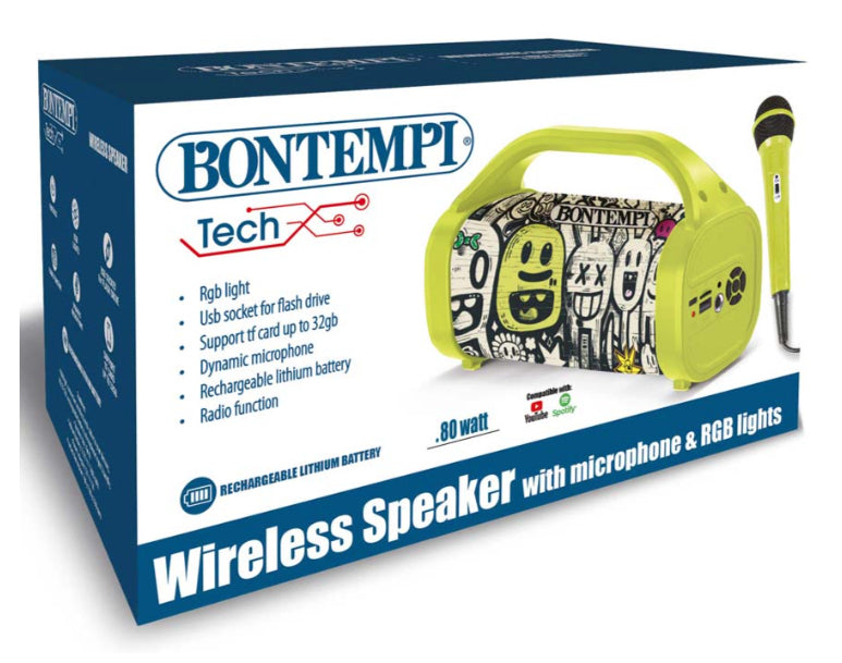 Bontempi Spielzeug-Karaoke-Set – 80 W, Akku (Lithium), USB, Lichteffekte, inkl. Mikrofon – 2 Stück – ab 5 J.
