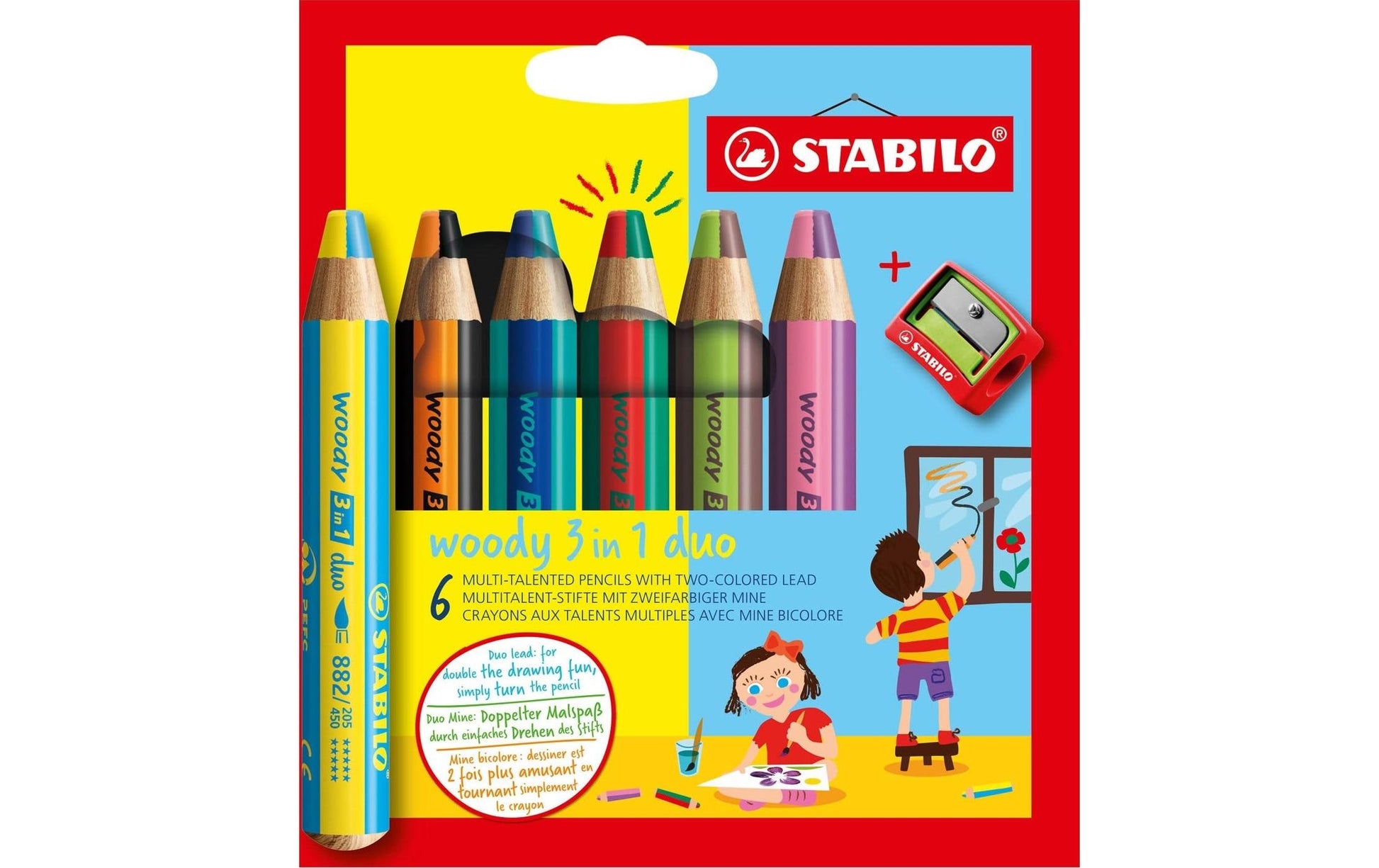 STABILO 3-in-1 Farbstifte woody – 6 Duo-Farben, mit Spitzer, Ø 4,2 mm, PEFC
