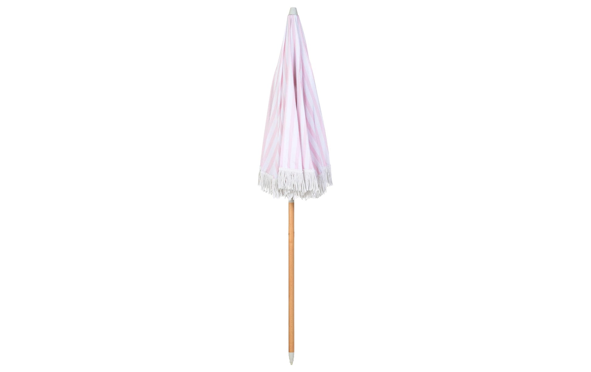 KOOR Strandschirm – rund, gestreift, Holzstange – Ø 150 cm, 180 cm hoch – rosa, weiss – Polyester