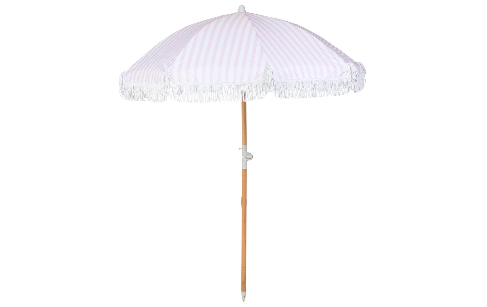 KOOR Strandschirm – rund, gestreift, Holzstange – Ø 150 cm, 180 cm hoch – rosa, weiss – Polyester