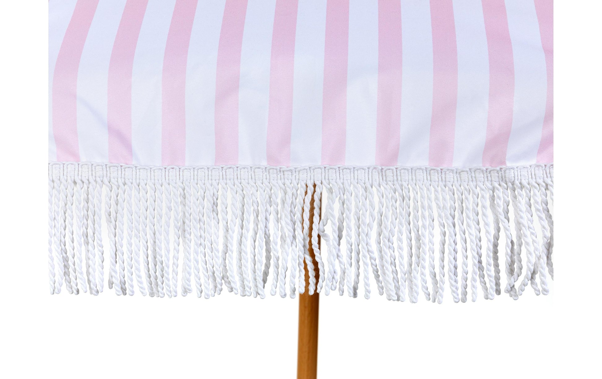 KOOR Strandschirm – rund, gestreift, Holzstange – Ø 150 cm, 180 cm hoch – rosa, weiss – Polyester