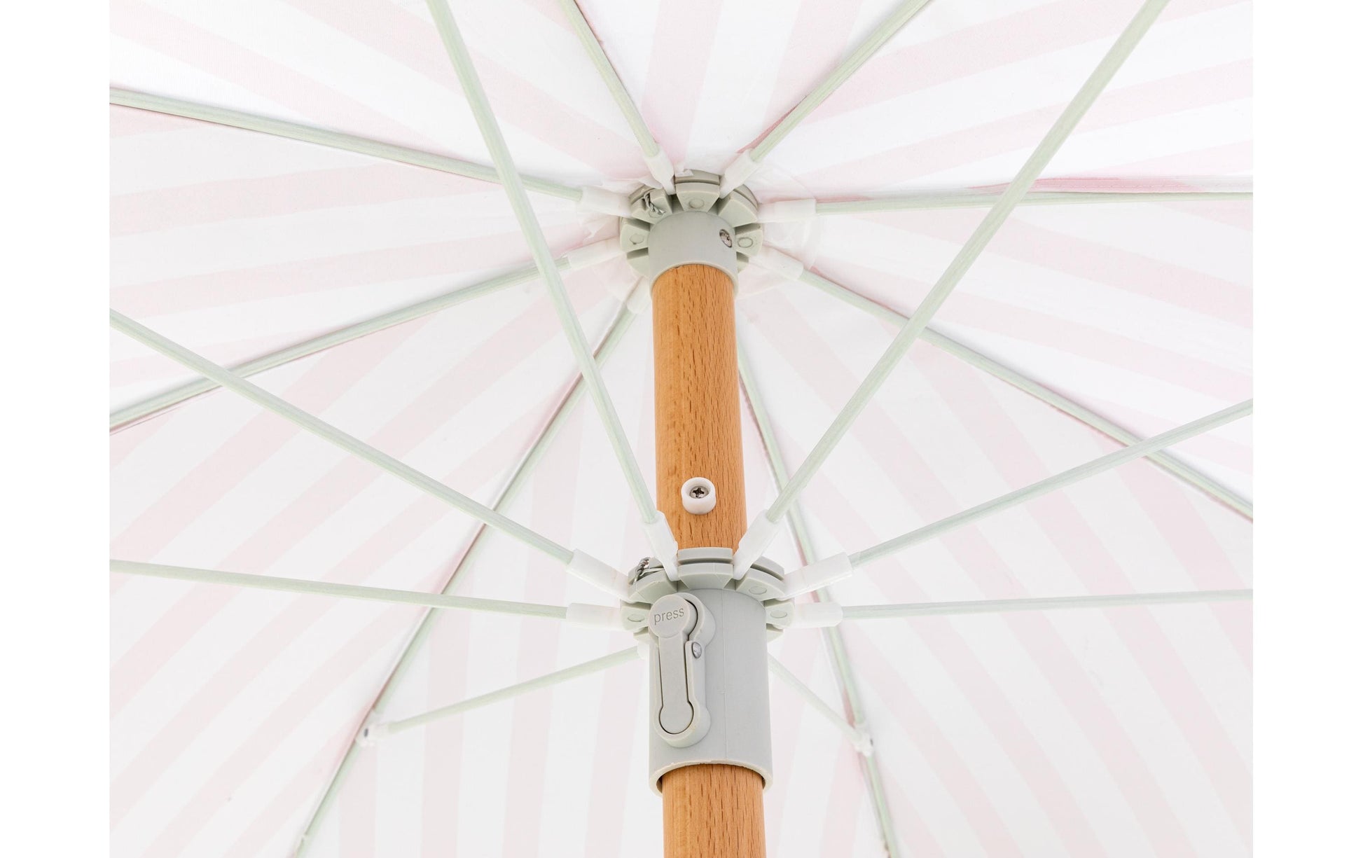 KOOR Strandschirm – rund, gestreift, Holzstange – Ø 150 cm, 180 cm hoch – rosa, weiss – Polyester