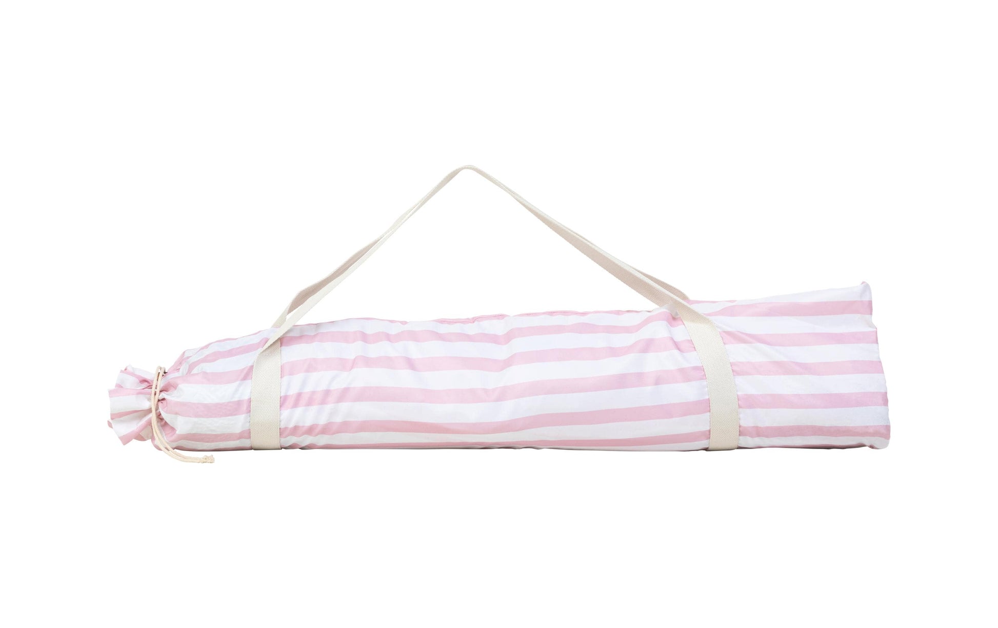 KOOR Strandschirm – rund, gestreift, Holzstange – Ø 150 cm, 180 cm hoch – rosa, weiss – Polyester