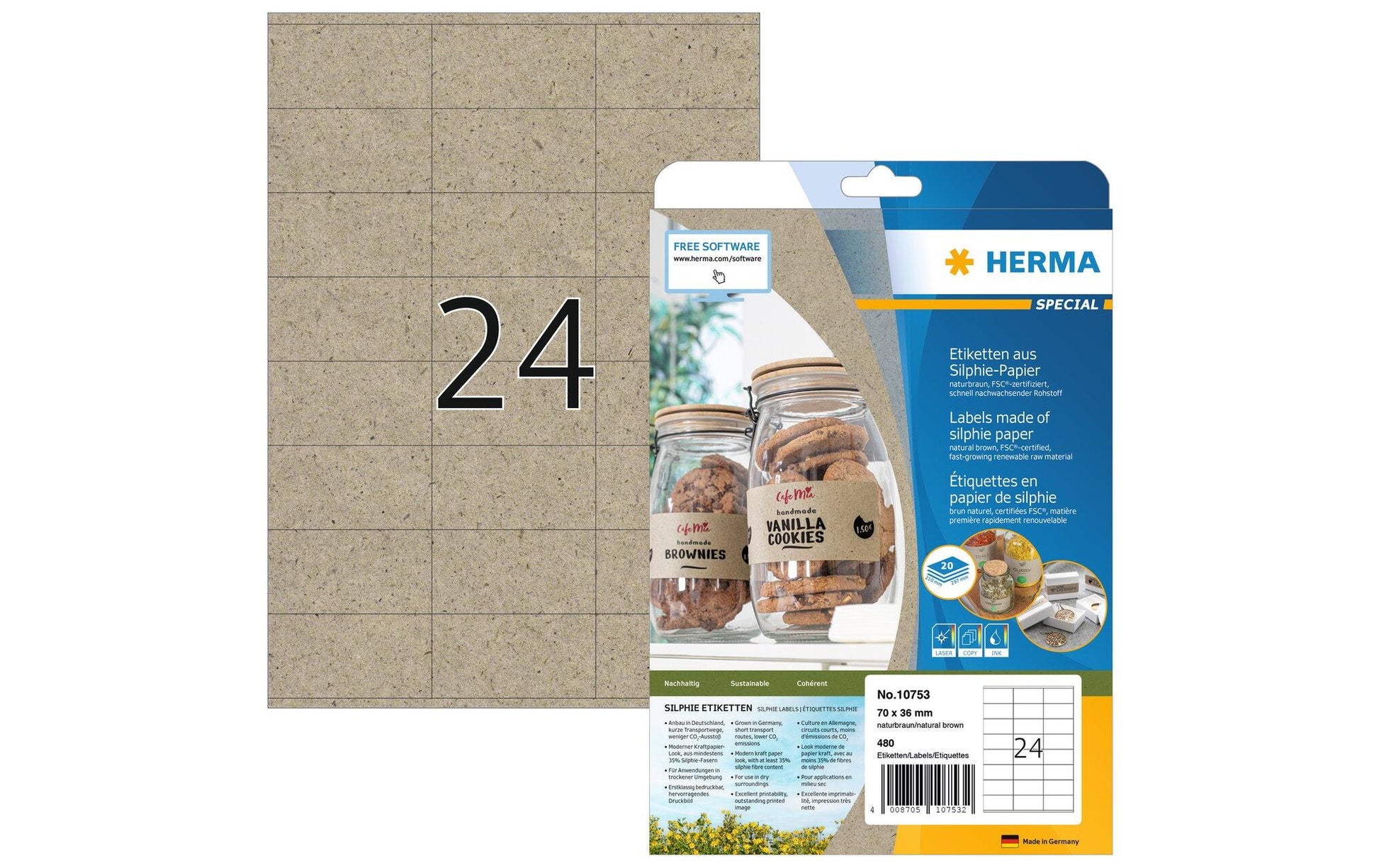 HERMA Drucketiketten, 70 mm × 36 mm, braun, Papier, permanent, Packung 20 Blatt (480 Etiketten)