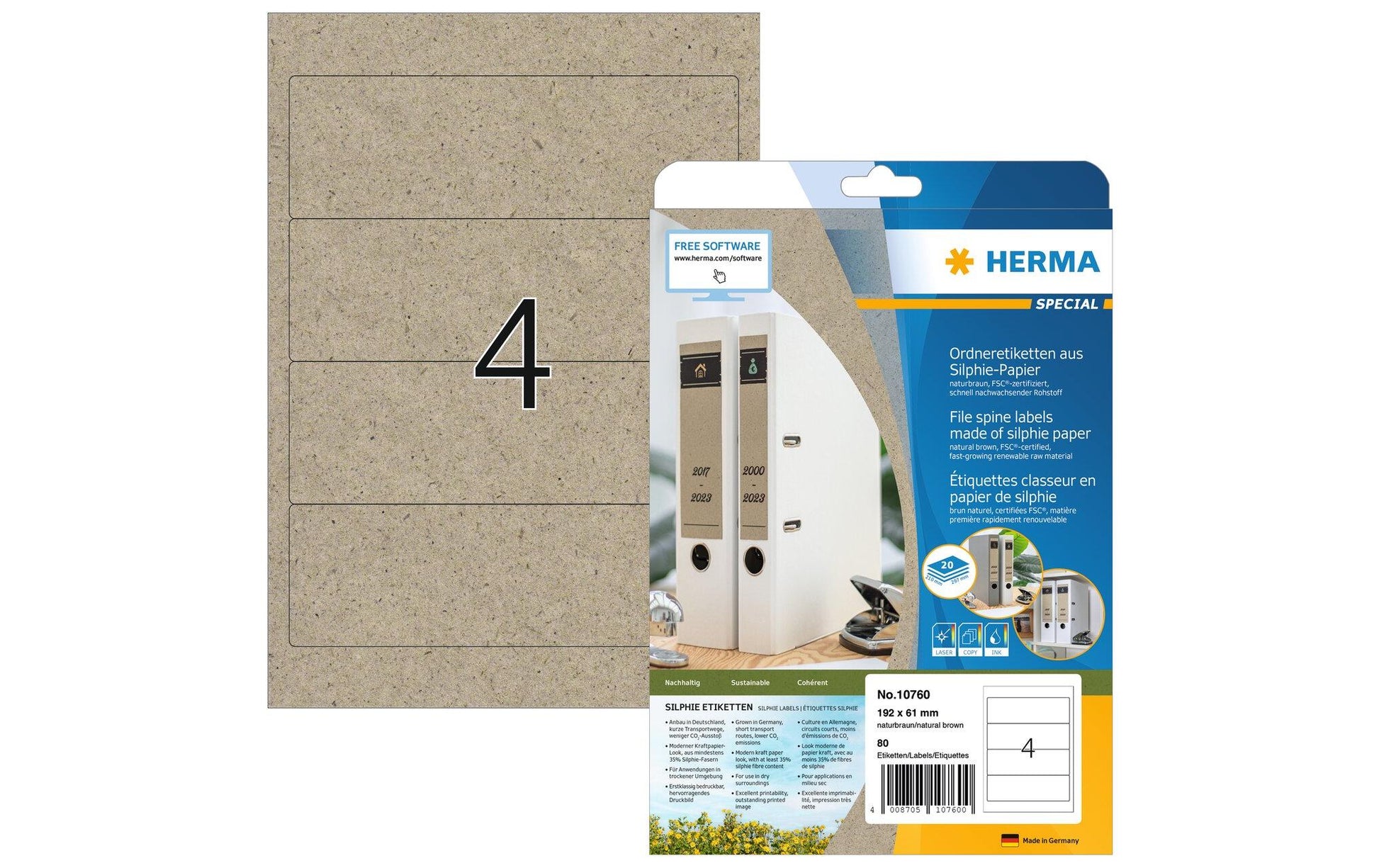 HERMA Druckeretiketten, 192 mm × 61 mm, braun, Papier, permanent, 20 Blatt (80 Etiketten)