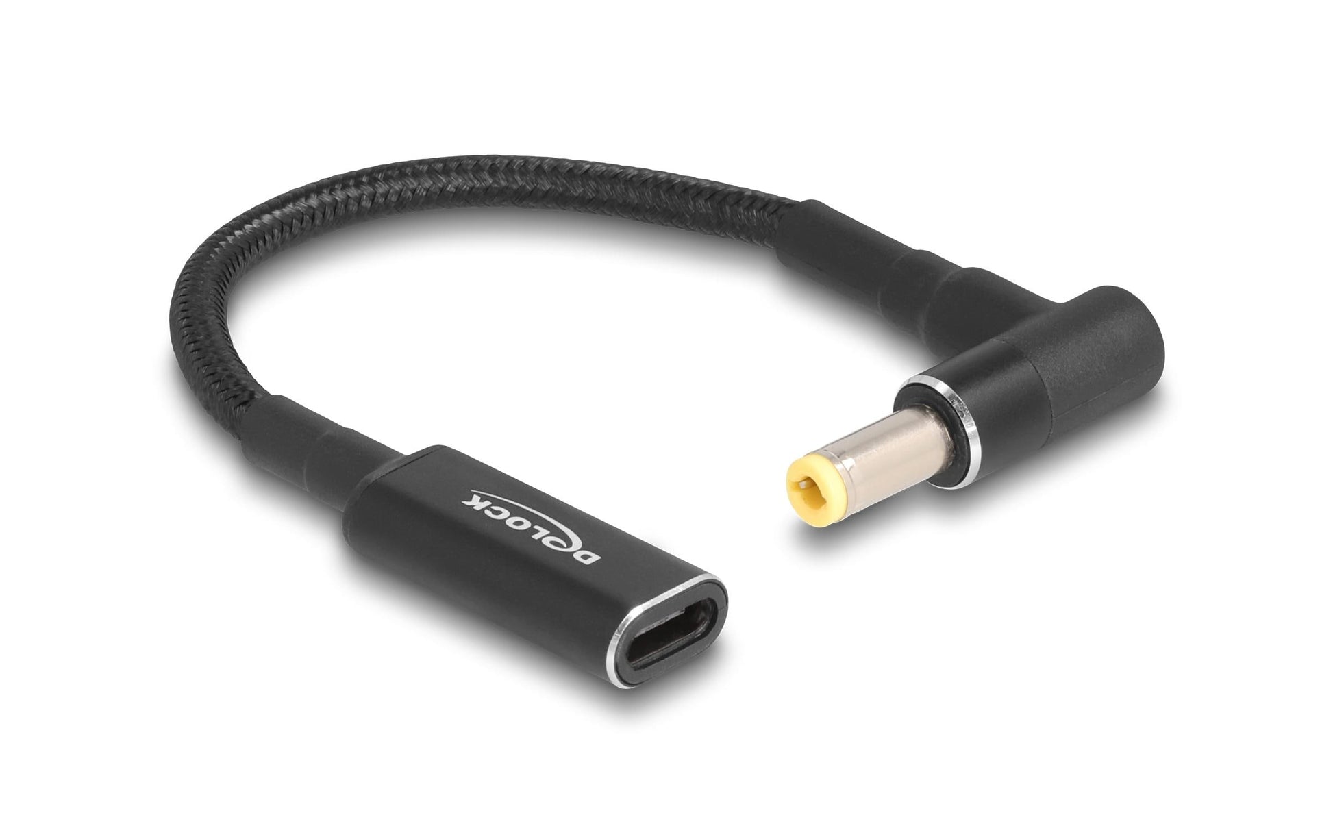 DeLOCK Adapter USB-C zu 5,5 × 2,1 mm – 19,5 V / 3 A, USB Power Delivery, 15 cm, 90° gewinkelt, Schwarz
