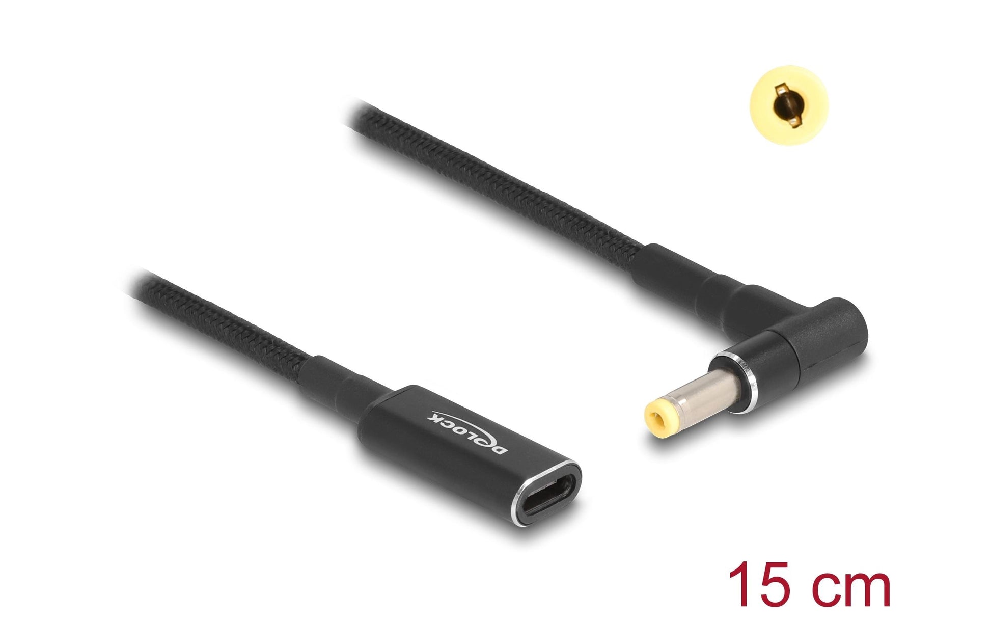 DeLOCK USB-C zu HP 4,8 × 1,7 mm Kabel – 19,5 V, 3 A, 15 cm, 90° gewinkelt – Schwarz