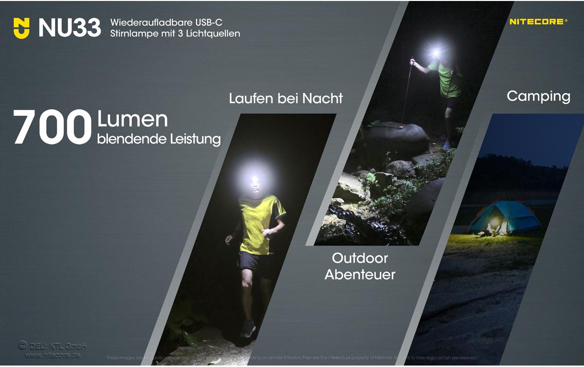 Nitecore Stirnlampe NU33 – 700 lm, 135 m, IPX6, Laufzeit 50 h, USB – Schwarz