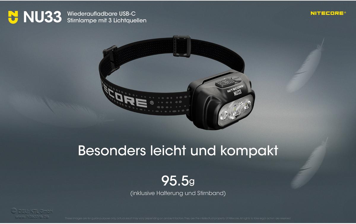 Nitecore Stirnlampe NU33 – 700 lm, 135 m, IPX6, Laufzeit 50 h, USB – Schwarz