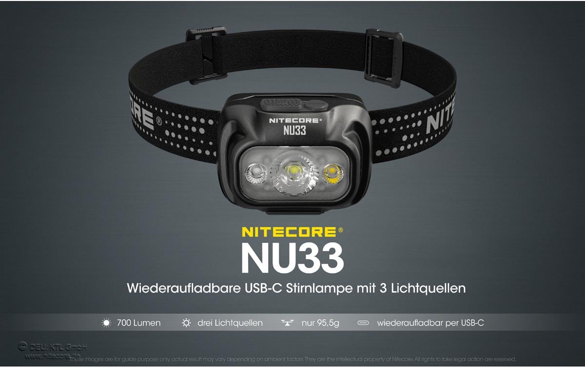 Nitecore Stirnlampe NU33 – 700 lm, 135 m, IPX6, Laufzeit 50 h, USB – Schwarz