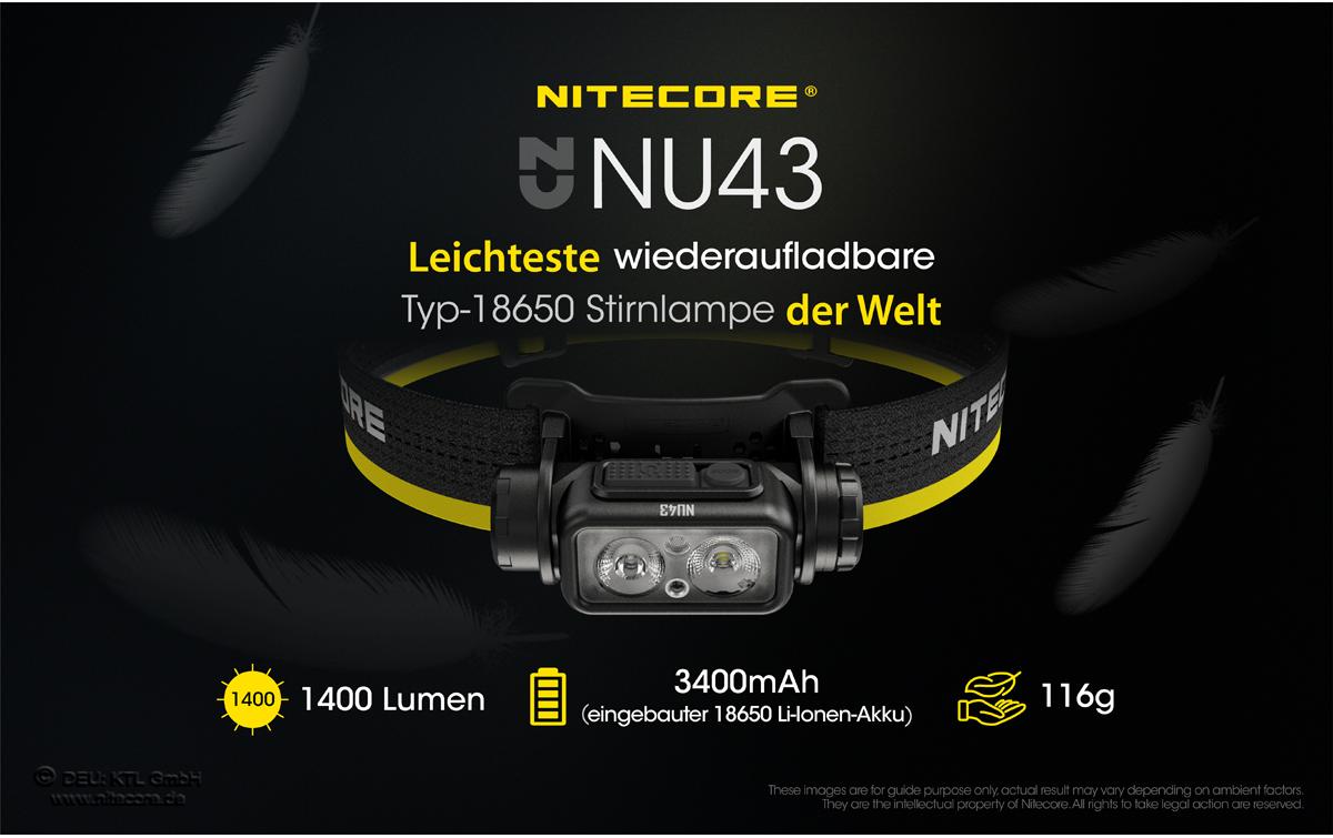 Nitecore Stirnlampe NU43 – 1400 lm, 130 m, IPX6, Laufzeit 165 h – Schwarz