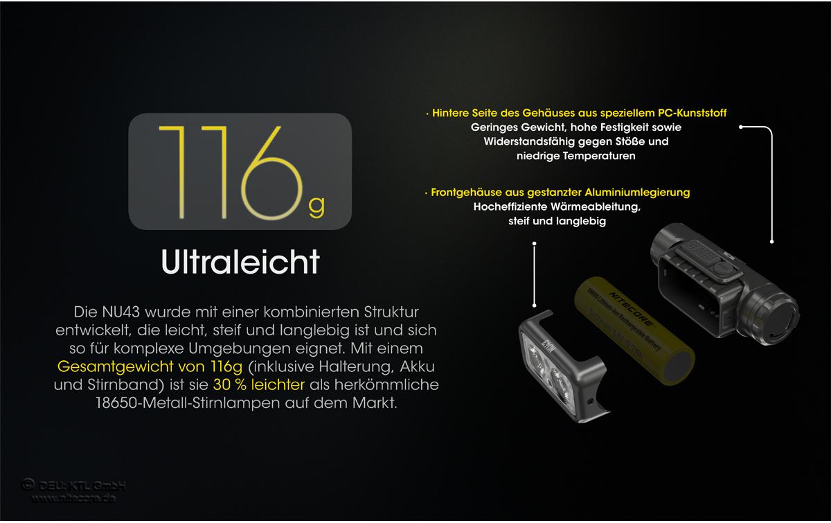 Nitecore Stirnlampe NU43 – 1400 lm, 130 m, IPX6, Laufzeit 165 h – Schwarz