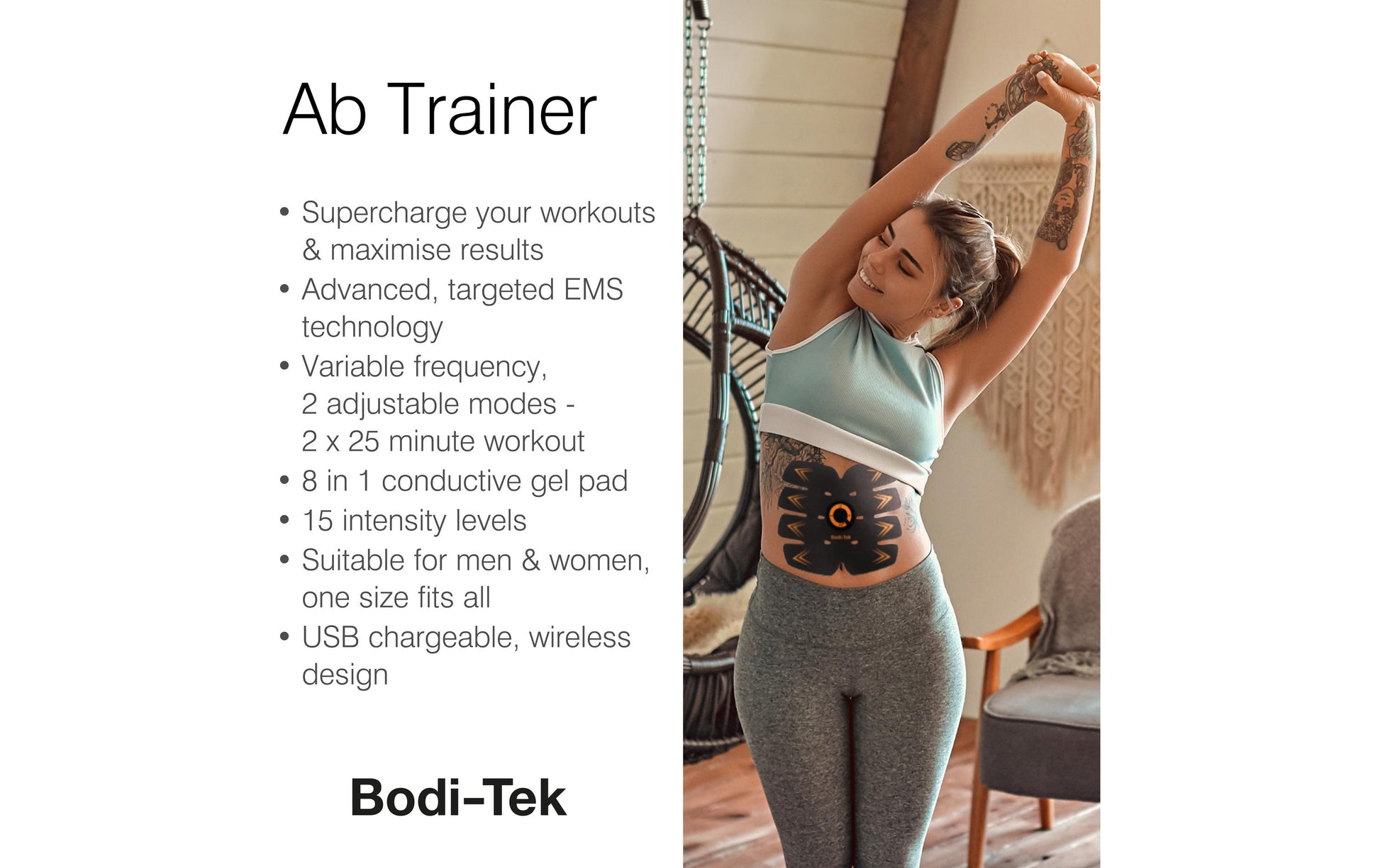Bodi-Tek EMS-Trainer BT-ABTR5 – 8 Pads, 15 Intensitätsstufen – 19 × 16,5 cm – schwarz
