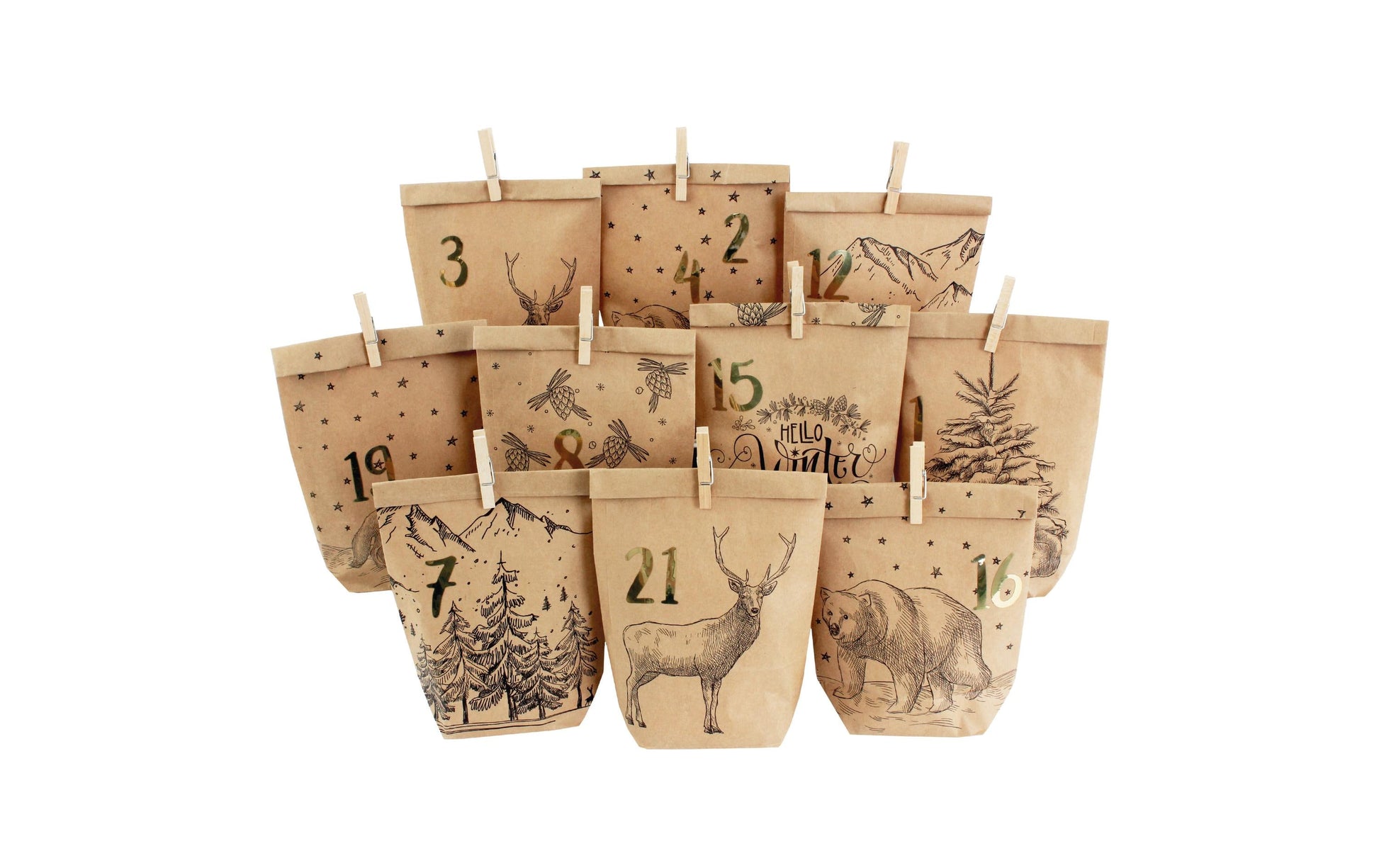 G. Wurm Adventskalender-Geschenktüten-Set 'Waldtiere' – 24 × 2 × 21 cm, Papier, Braun, hängend, mit Klammern