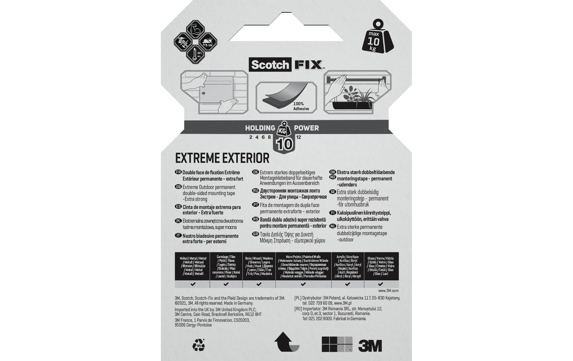 Scotch Montageband Extreme Exterior, extra stark, für Aussen, für glatte Oberflächen – 19 mm × 1,5 m, grau
