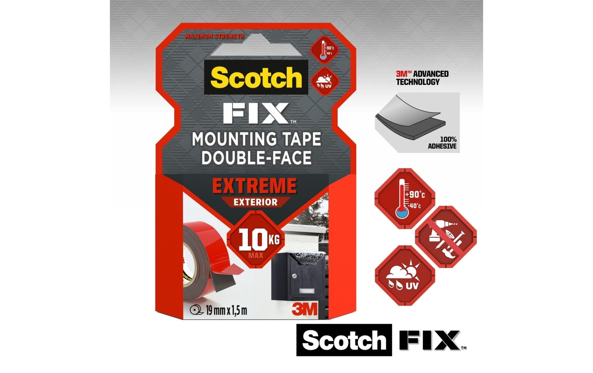 Scotch Montageband Extreme Exterior, extra stark, für Aussen, für glatte Oberflächen – 19 mm × 1,5 m, grau